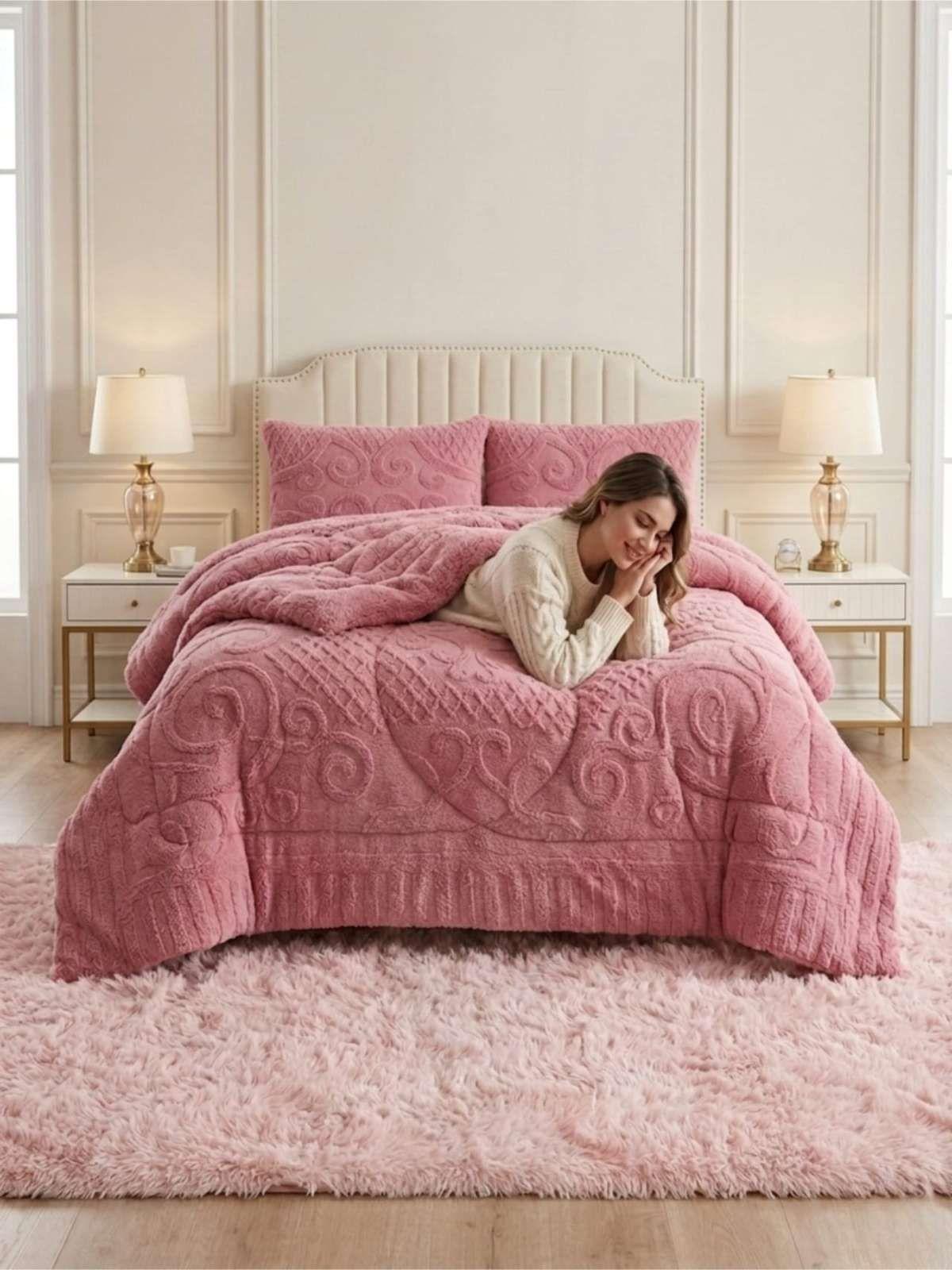 Cubrecama Plumón Jacquard Premium 2 Plazas Invierno Térmico rosa-0