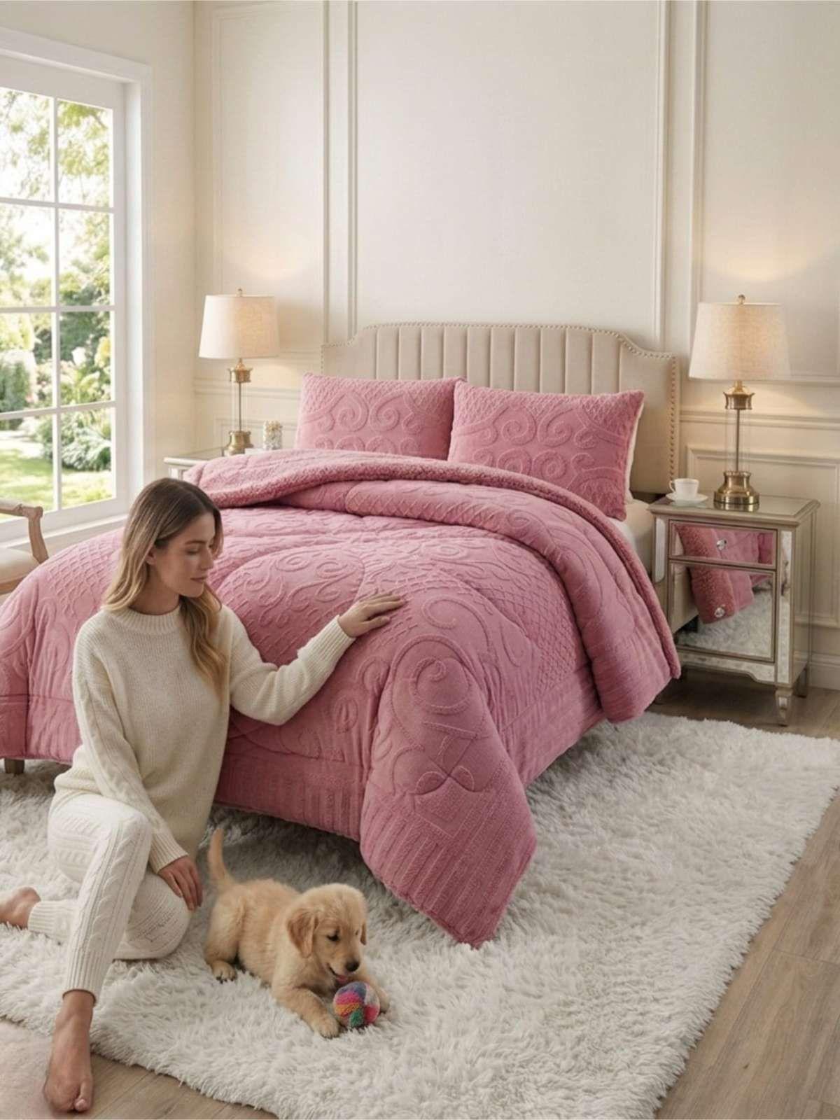 Cubrecama Plumón Jacquard Premium 2 Plazas Invierno Térmico rosa-1