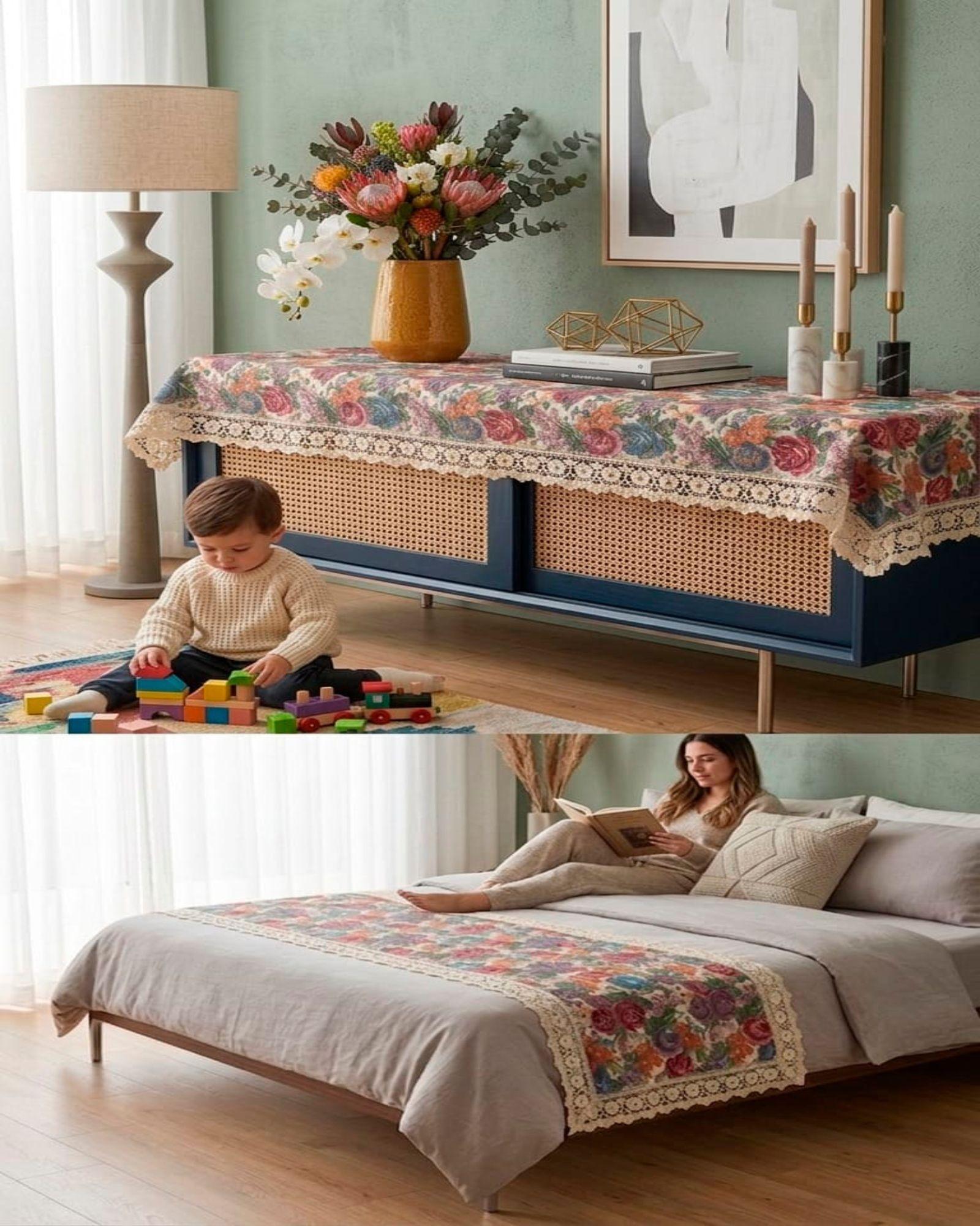 Piecera de Cama Estilo Bohemio con Encaje - Multiuso 80x200 cm m5-2