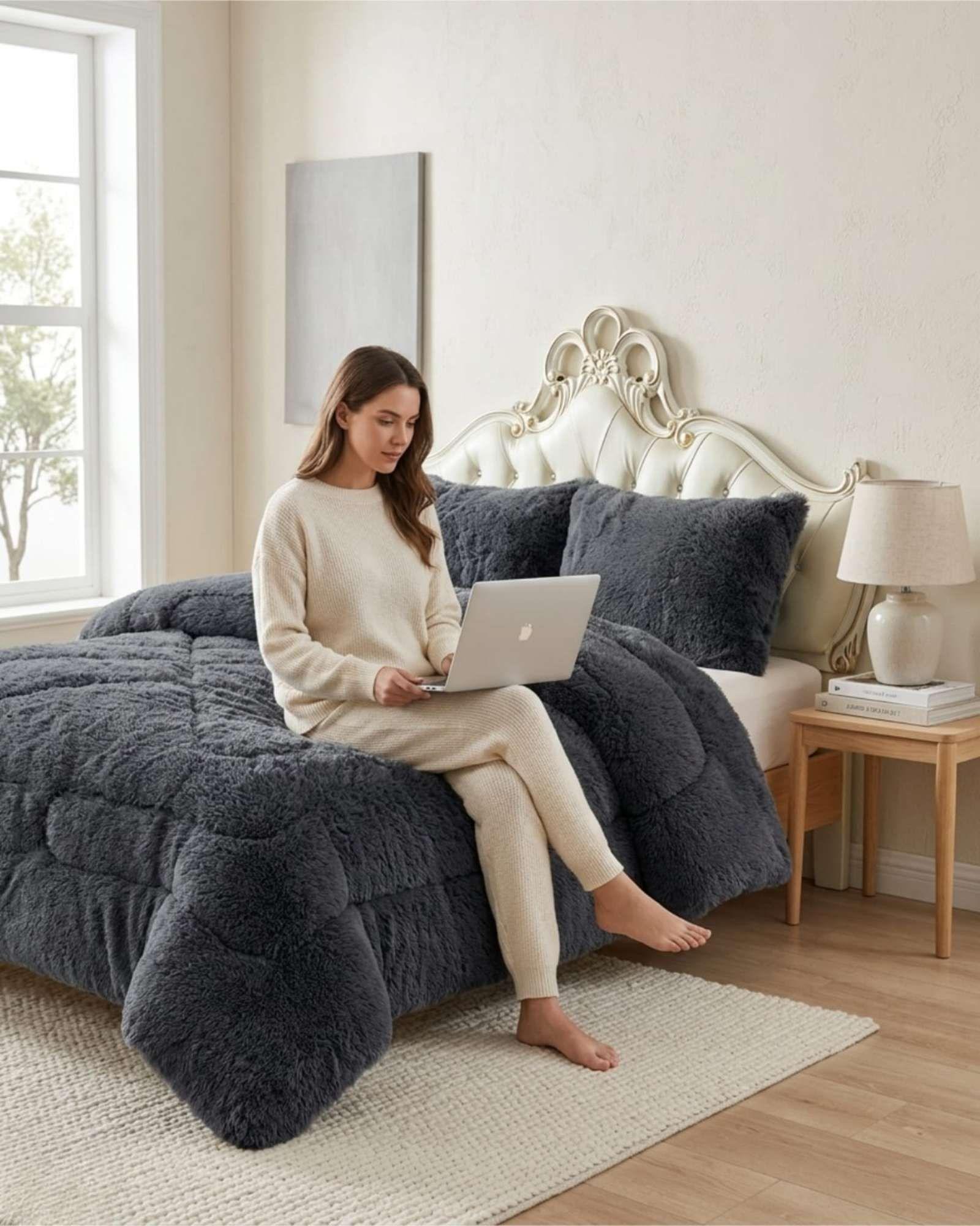 Plumón Pelo Largo 2 Plazas Acolchado Invierno + Fundas gris-3