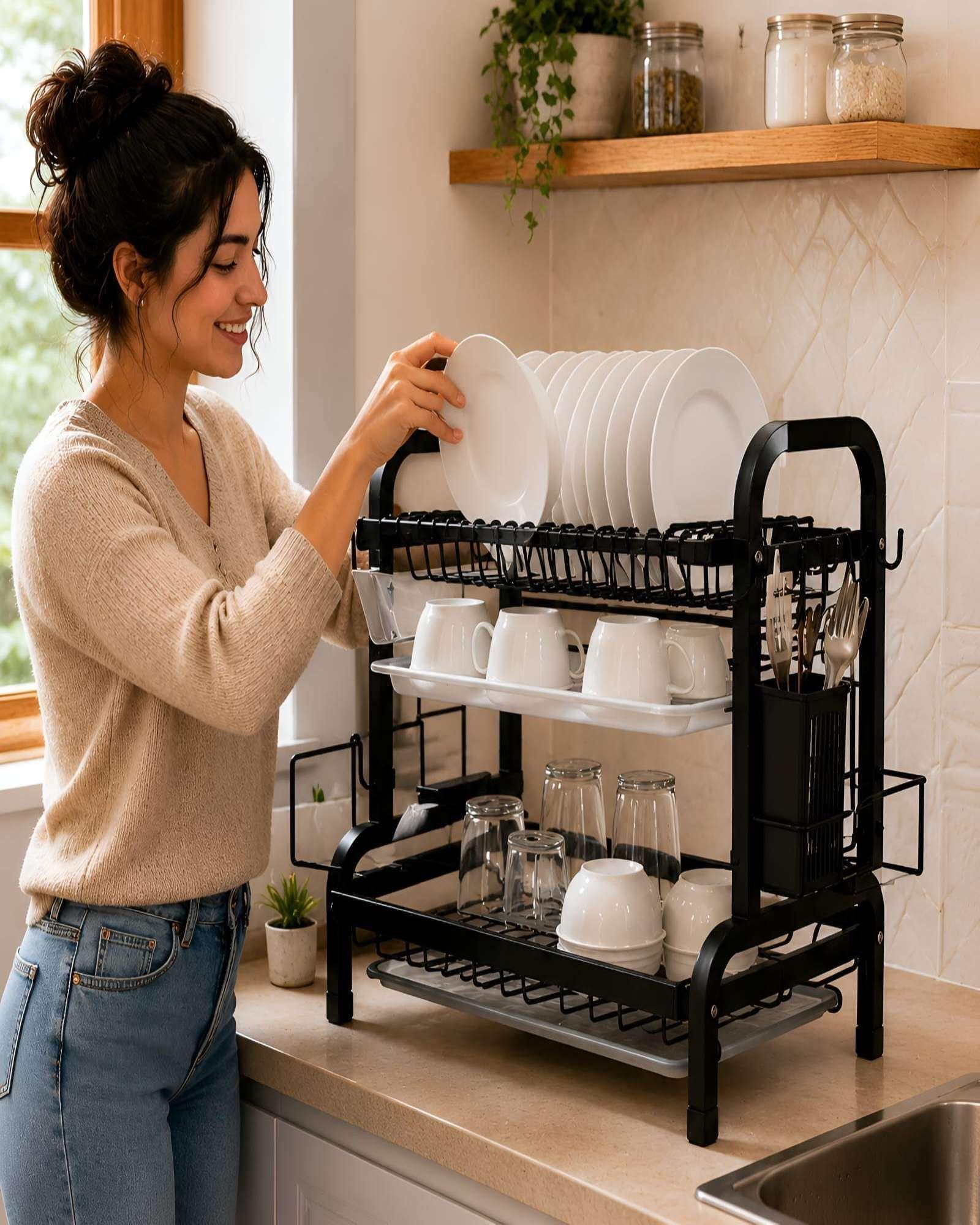 Escurridor de Platos de 2 Niveles Organizador de Cocina Negro-2