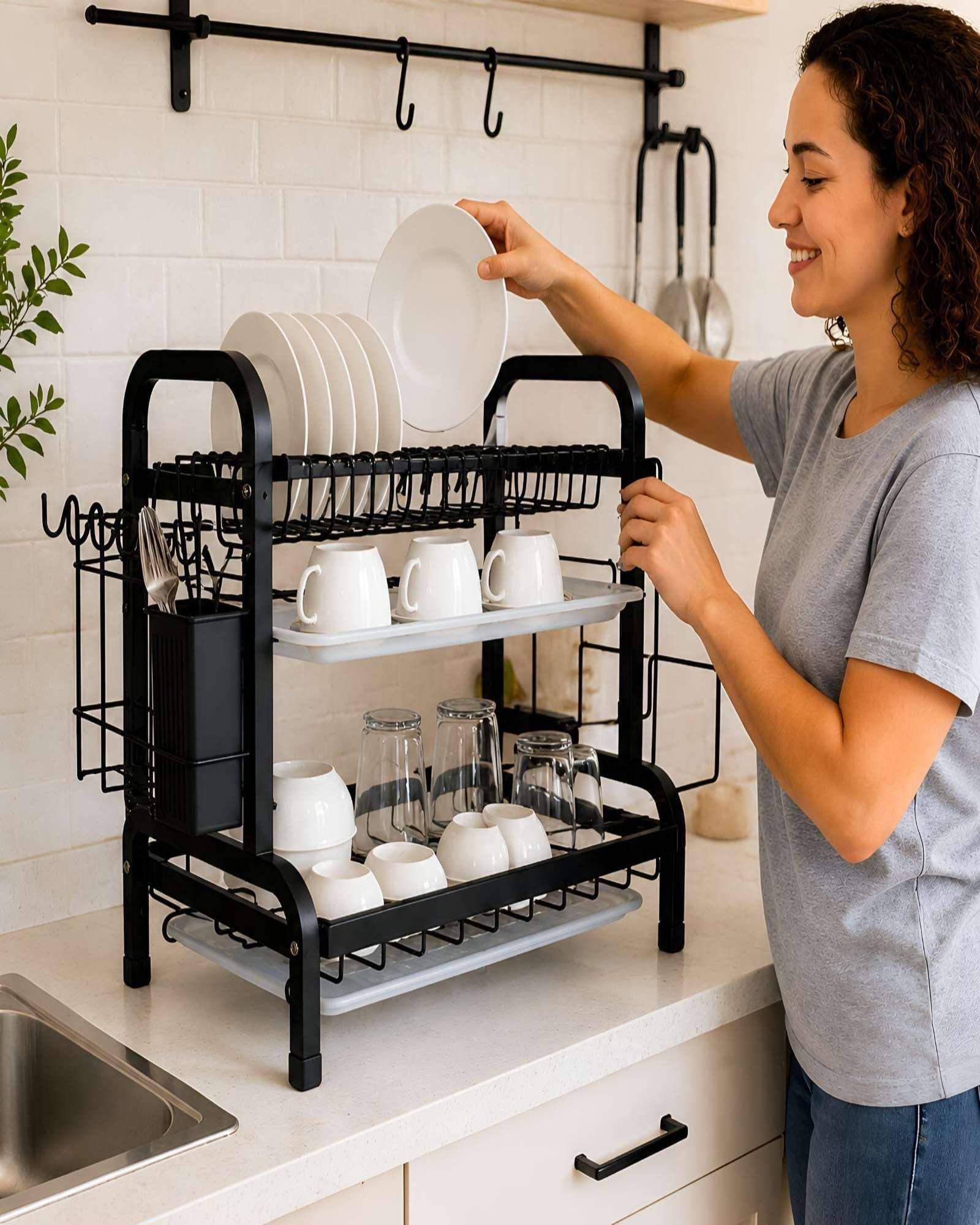 Escurridor de Platos de 2 Niveles Organizador de Cocina Negro-3