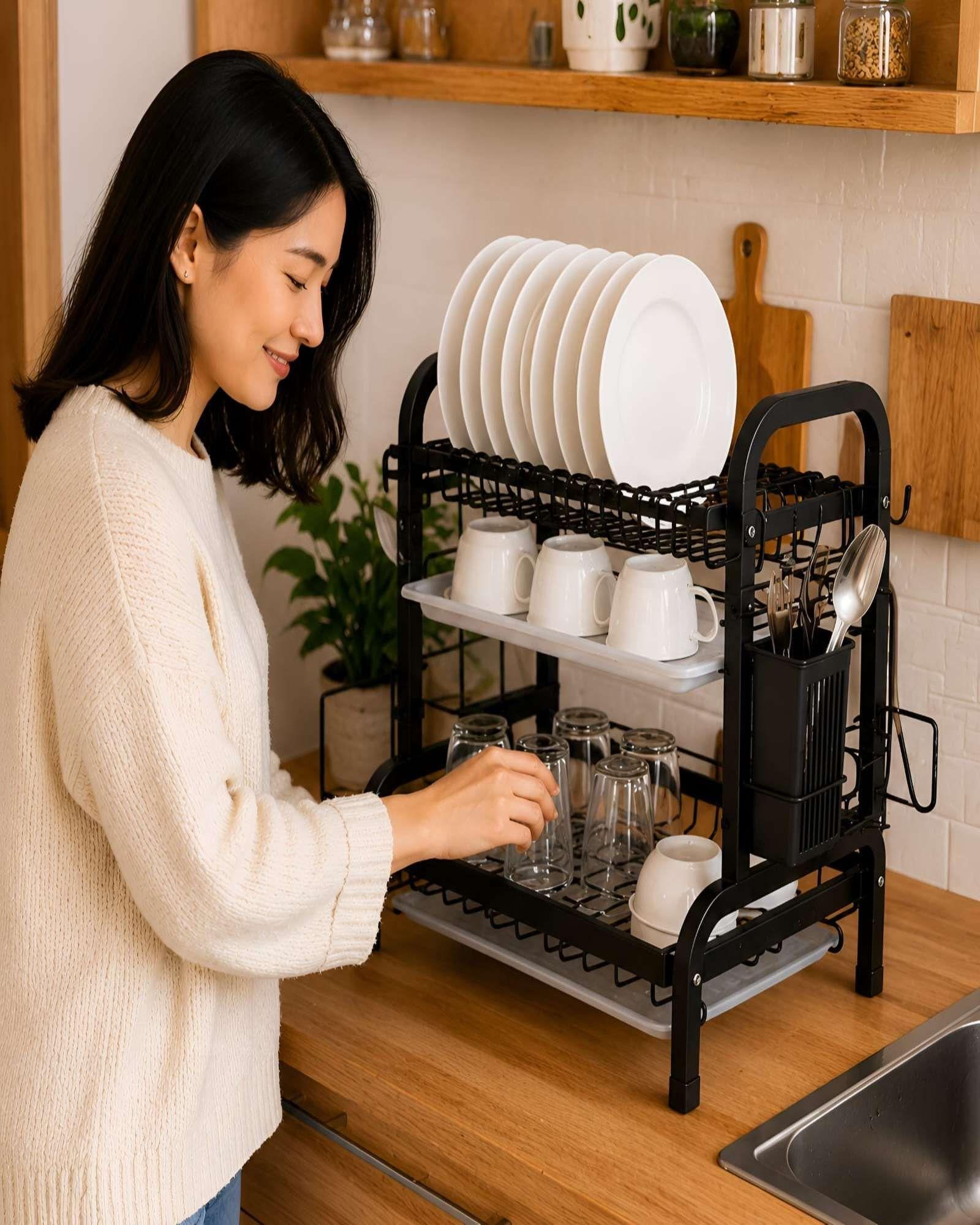 Escurridor de Platos de 2 Niveles Organizador de Cocina Negro-4