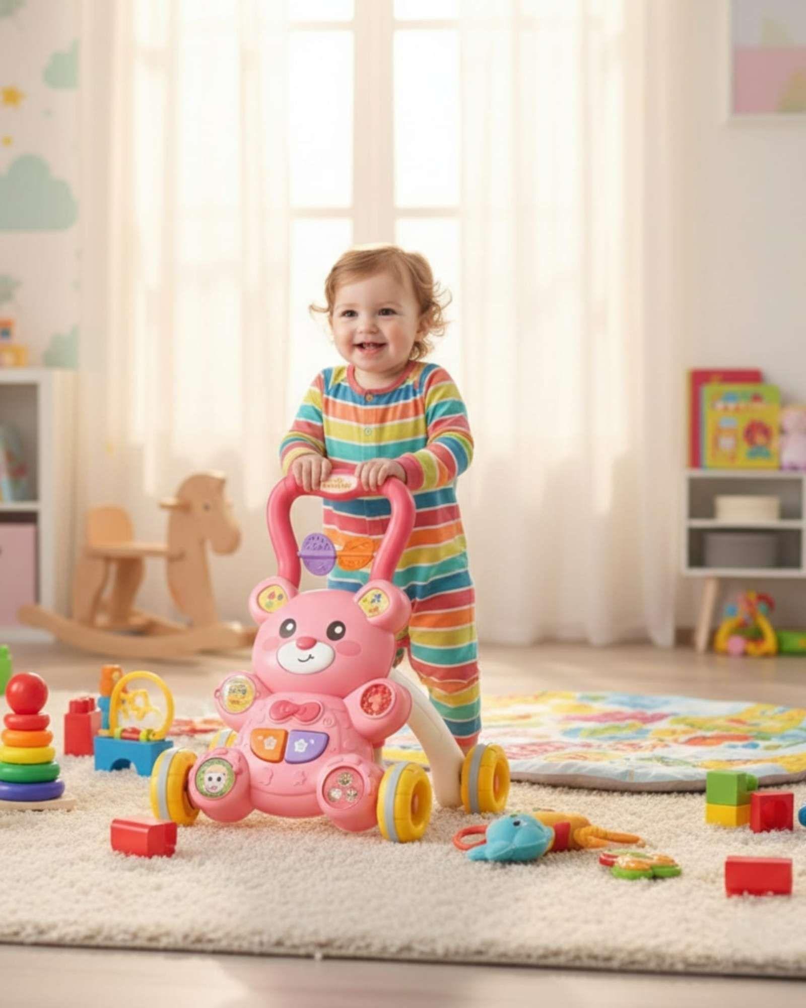 Andador y Mesa Didáctica 2 en 1 con Diseño de Osito rosado-3