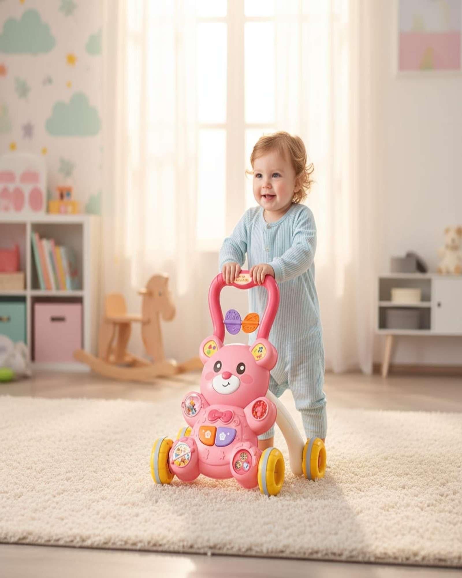 Andador y Mesa Didáctica 2 en 1 con Diseño de Osito rosado-4