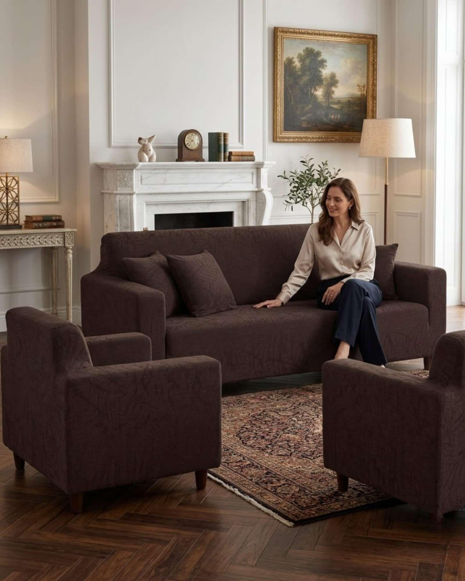 Juego de Fundas para Sillones 3+1+1 Diseño Hojas Elásticas y Lavables A2-4