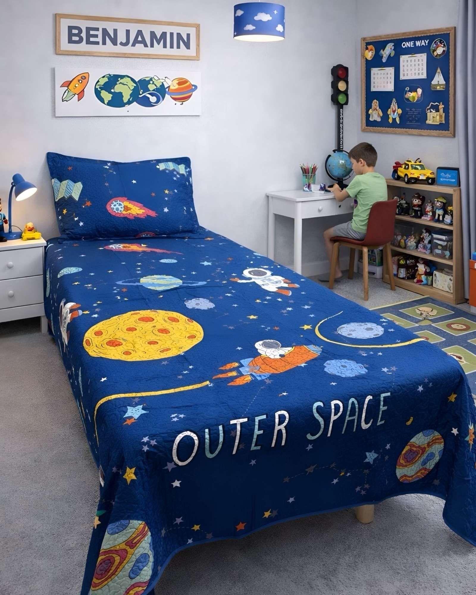 JUEGO DE CUBRECAMA MAS SABANA NIÑO INFANTIL PLAZA Y MEDIA ASTRONAUTA-2