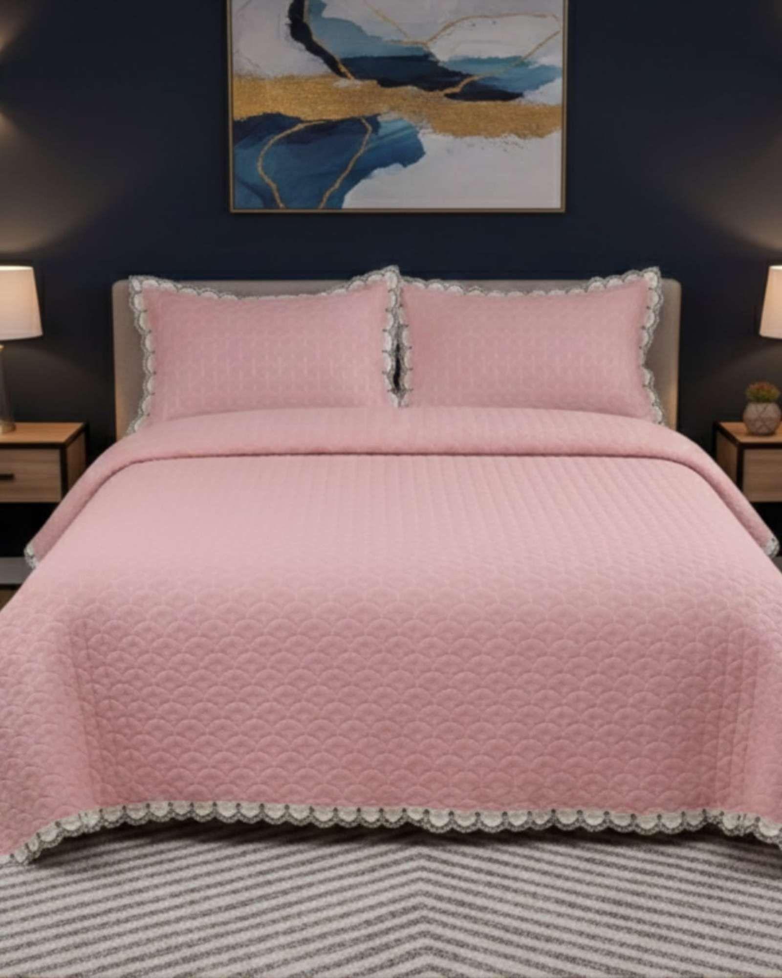 CUBRECAMAS QUILT BORDADOS 2 PLAZA EXTRA SUAVE ROSA-2