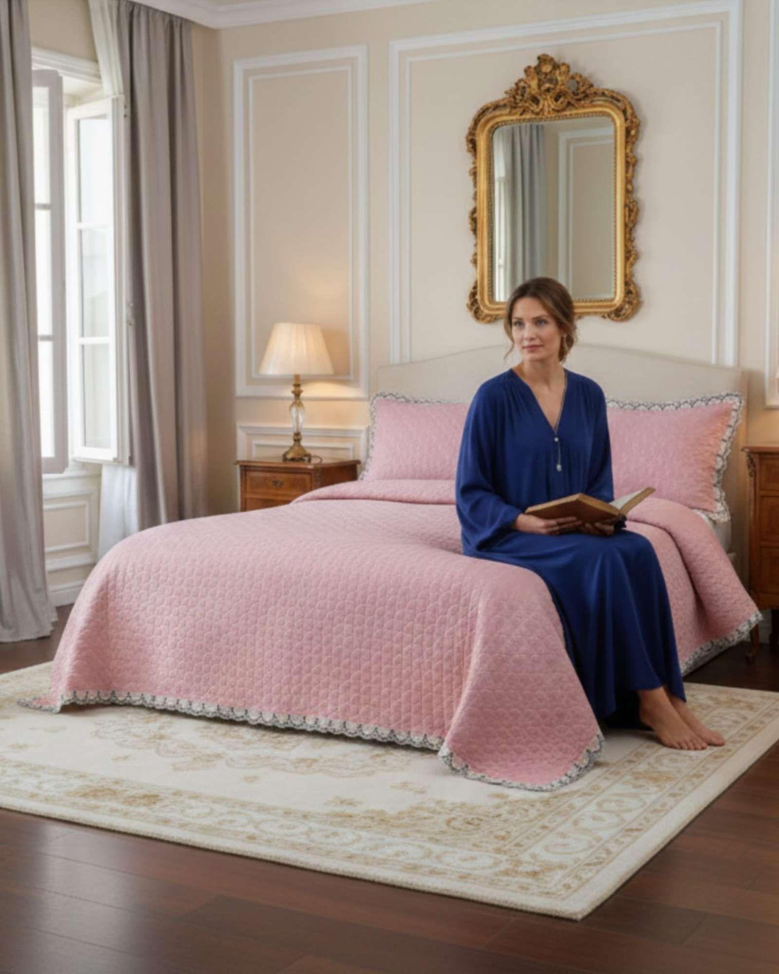 CUBRECAMAS QUILT BORDADOS 2 PLAZA EXTRA SUAVE ROSA-3