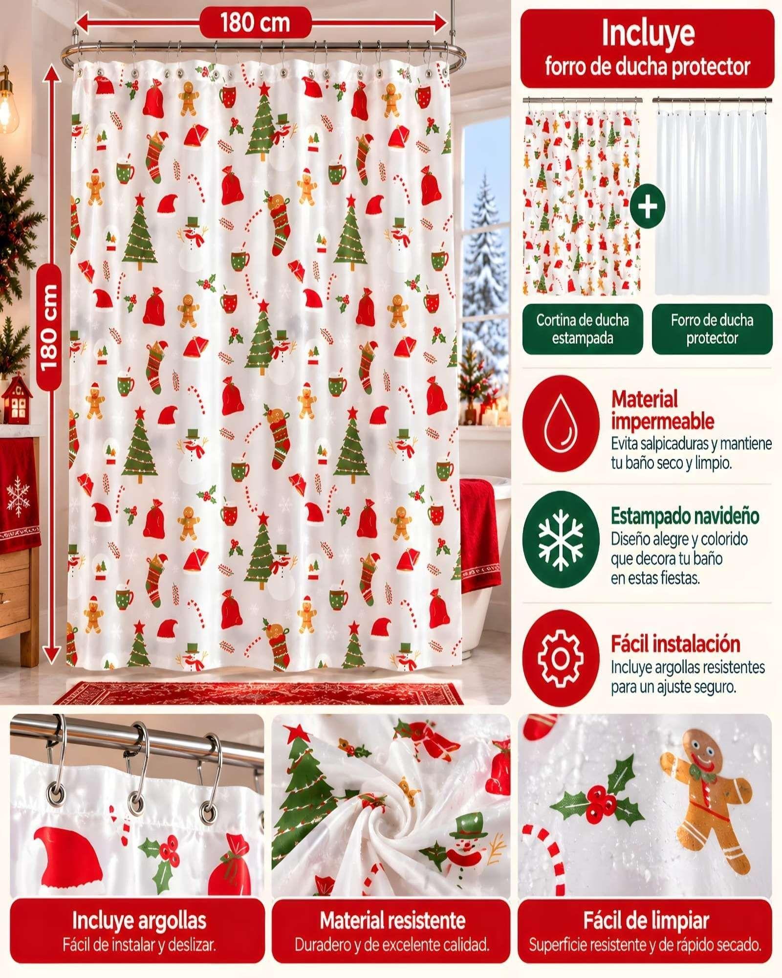 Cortina de Ducha Navideña 180 x 180 cm con Forro Protector -4