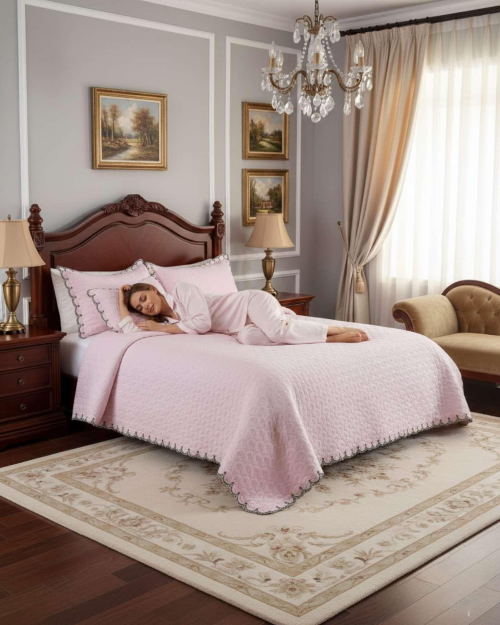 CUBRECAMAS QUILT BORDADOS 2 PLAZA EXTRA SUAVE ROSA CLARO-4