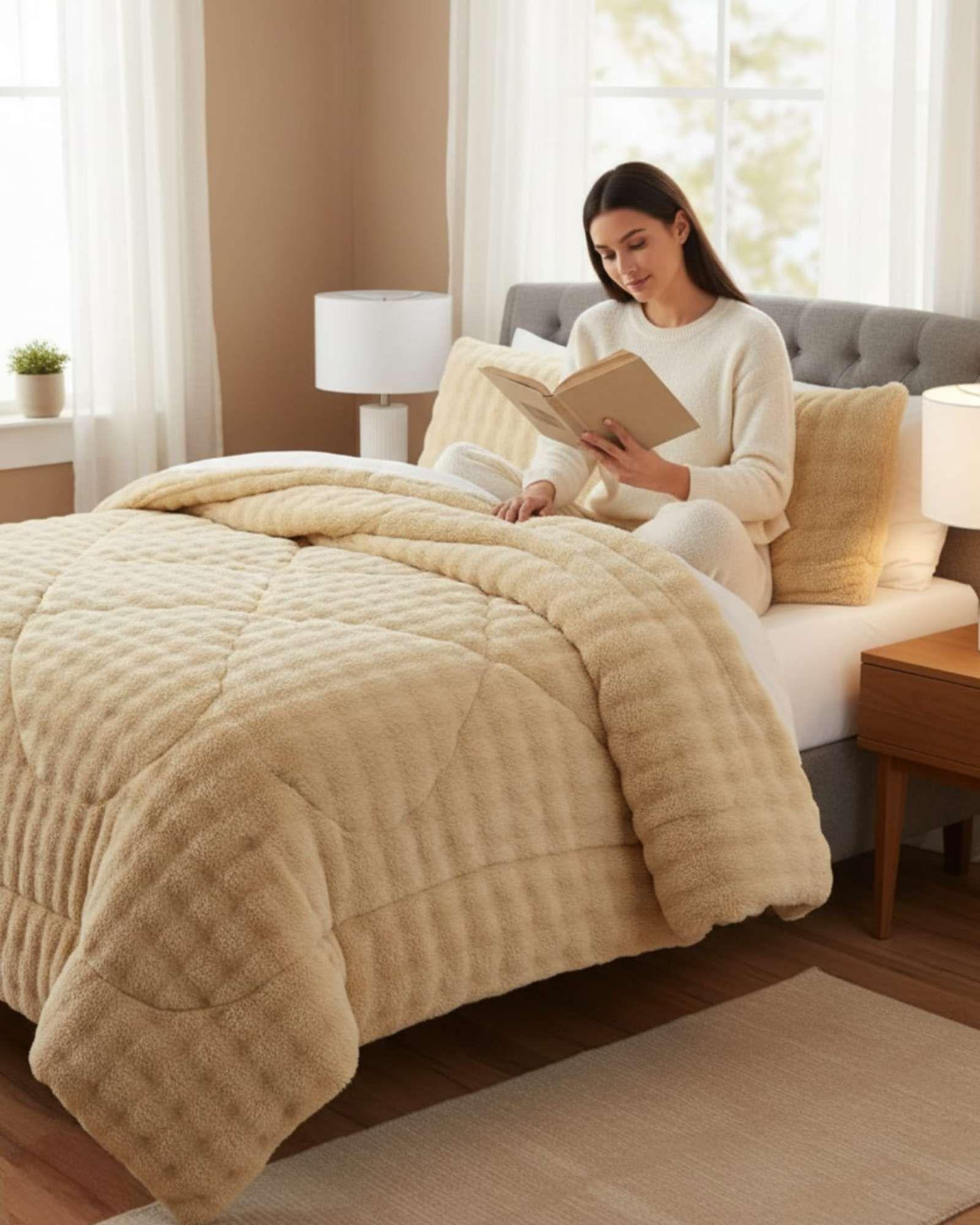 Cubrecama Acolchado Súper Calientito Plush con Chiporro 2 plazas beige-4