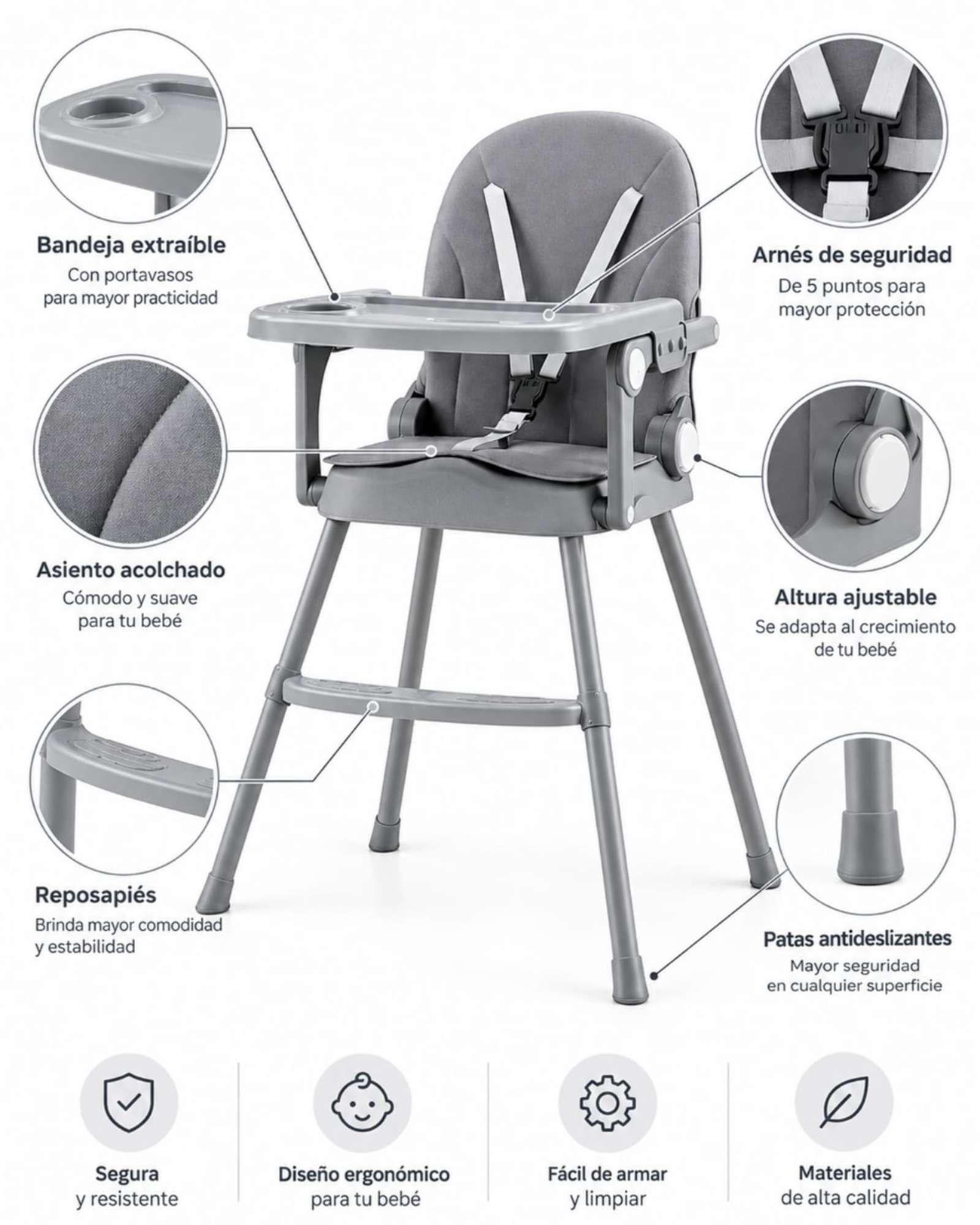 Silla de comer  para Bebé 2 en 1 con Bandeja y Arnés de 5 Puntos  y Reposapiés-4