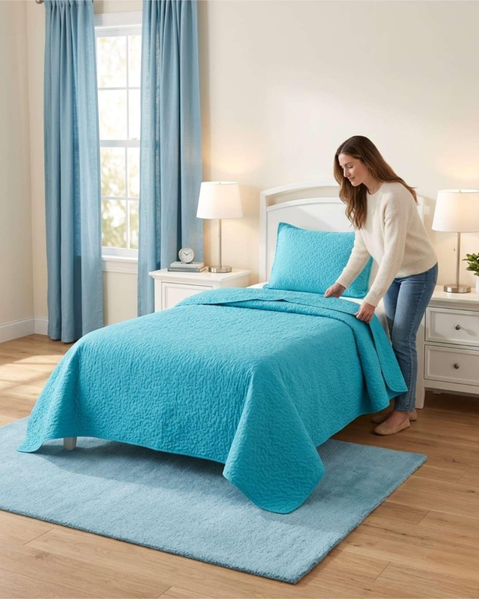 Cubrecama Quilt Verano Plaza y Media Delgado Texturizado Set Con Fundas a5-2