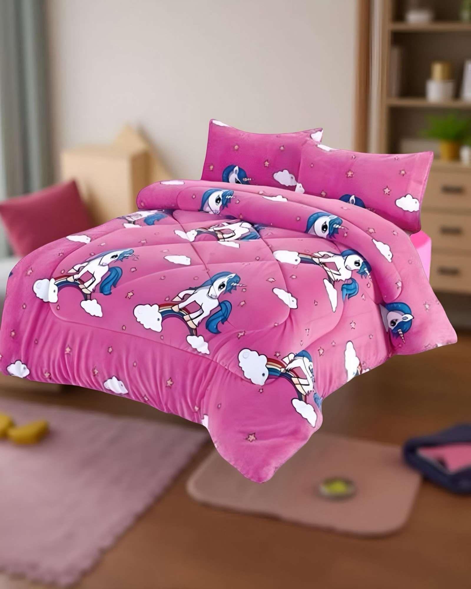 COBERTOR DE INVIERNO DISEÑO UNICORNIO CON ARCOIRIS PLUSH CON CHIPORRO PLAZA Y MEDIA S42-2