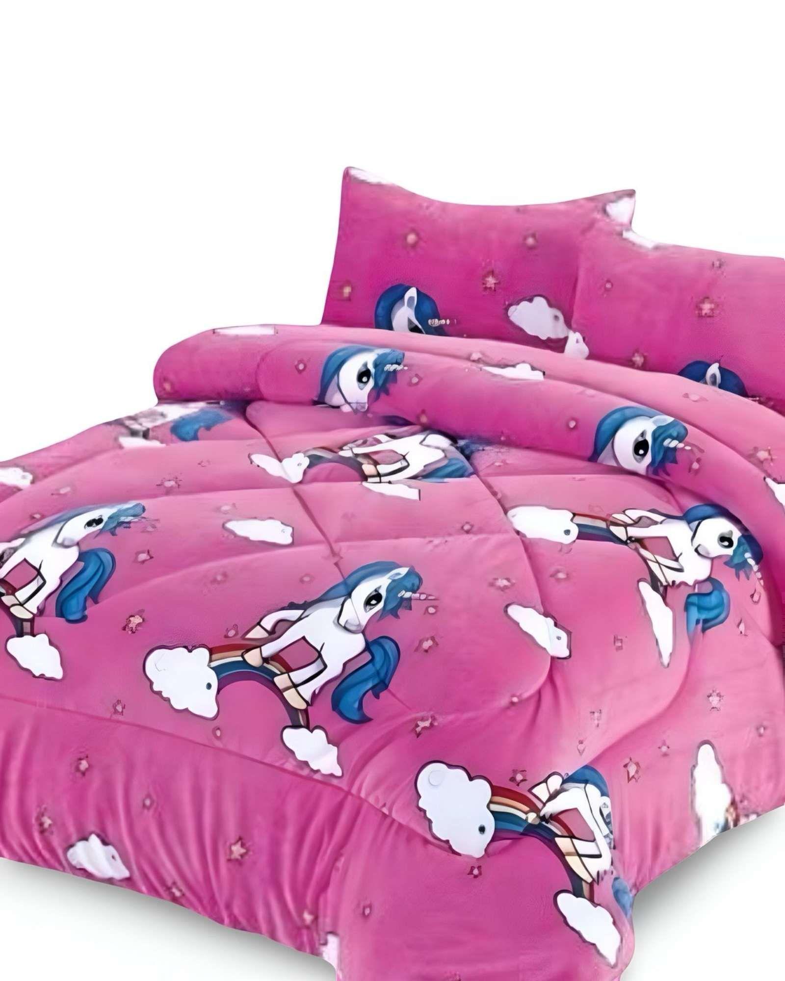 COBERTOR DE INVIERNO DISEÑO UNICORNIO CON ARCOIRIS PLUSH CON CHIPORRO PLAZA Y MEDIA S42-3