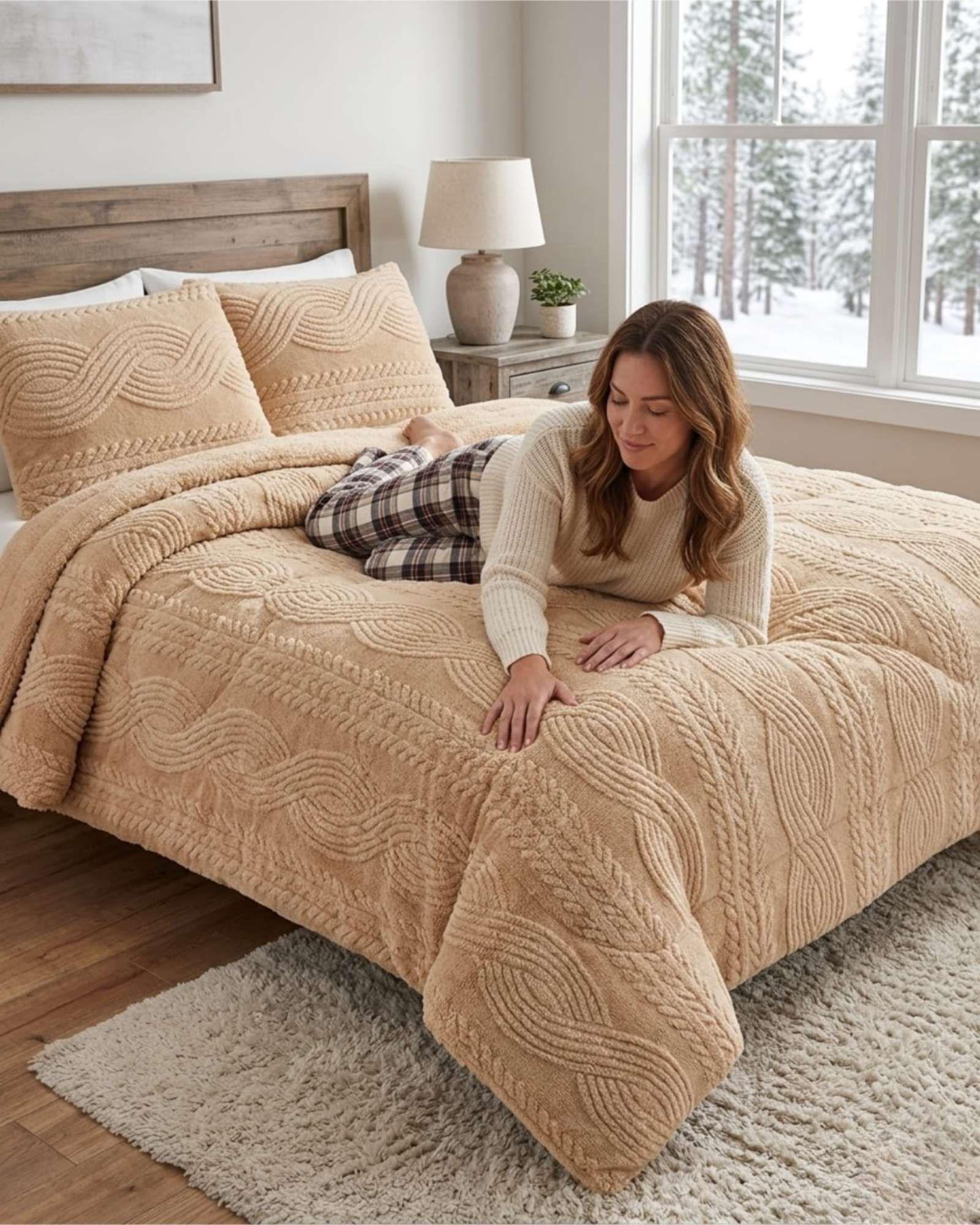 Cubrecama Trenzado Ultra Suave Invierno + Fundas beige-3