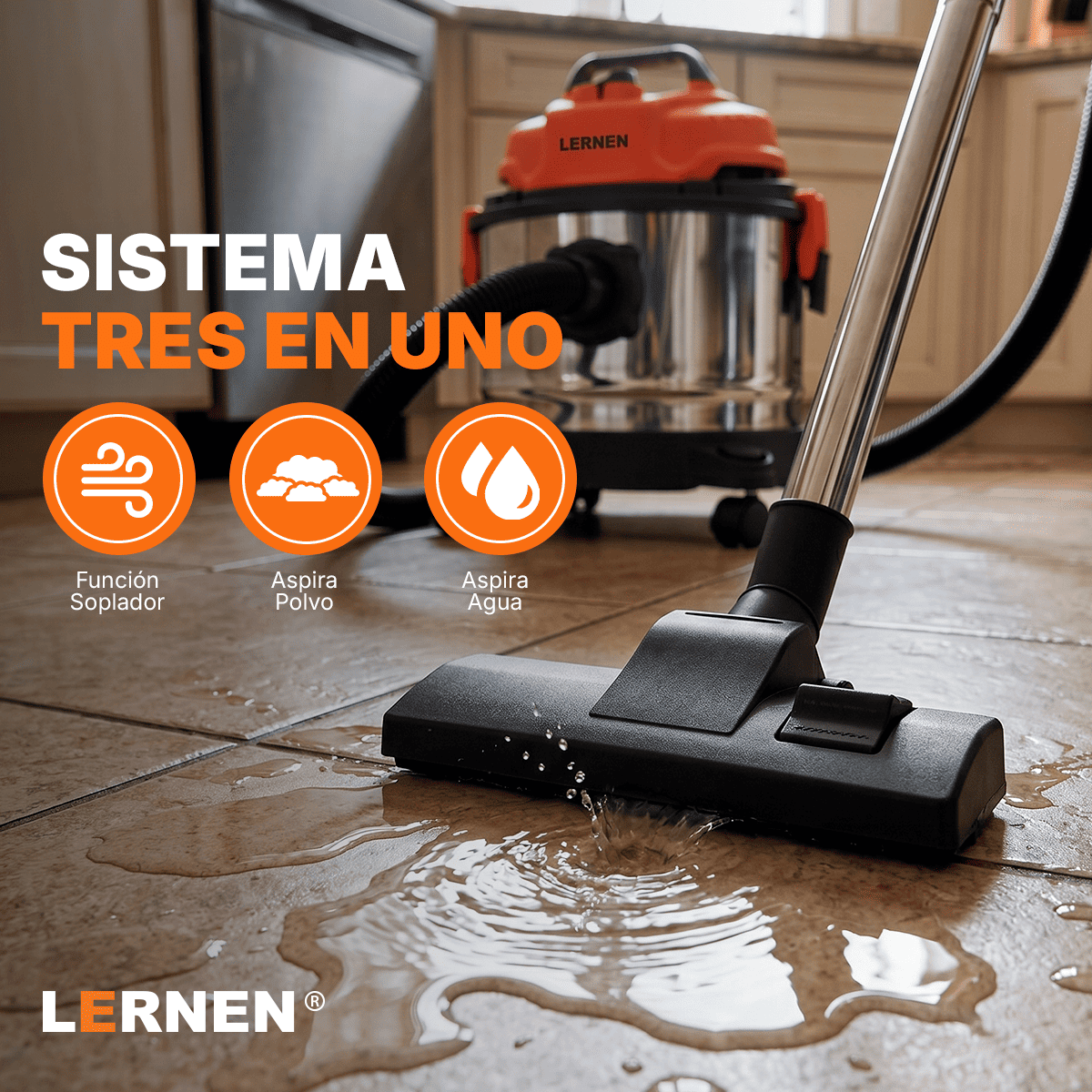 Aspiradora LERNEN Multifunción Metálica Polvo Agua 15 Litros 1400w-3