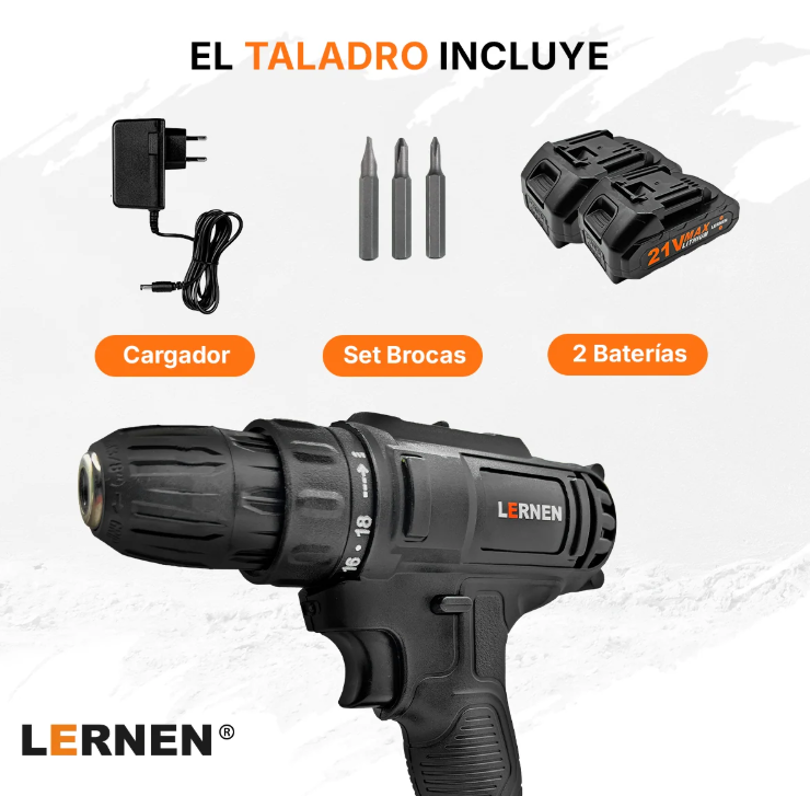Taladro Destornillador Inalámbrico 21v Con Brocas + 2 Baterías-4