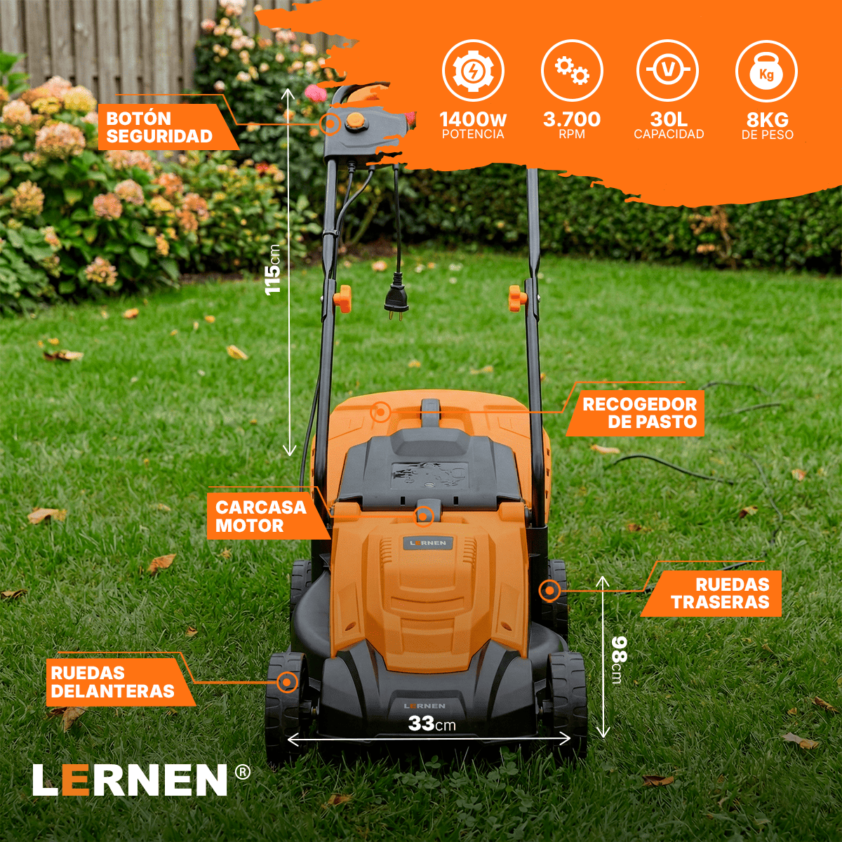 Cortacésped Eléctrico Lernen 1400W con Bolsa Recolectora de 30L-1