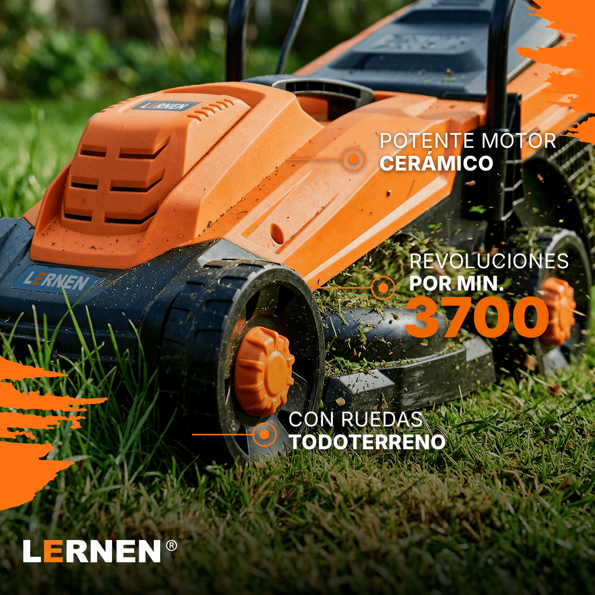 Cortacésped Eléctrico Lernen 1400W con Bolsa Recolectora de 30L-2