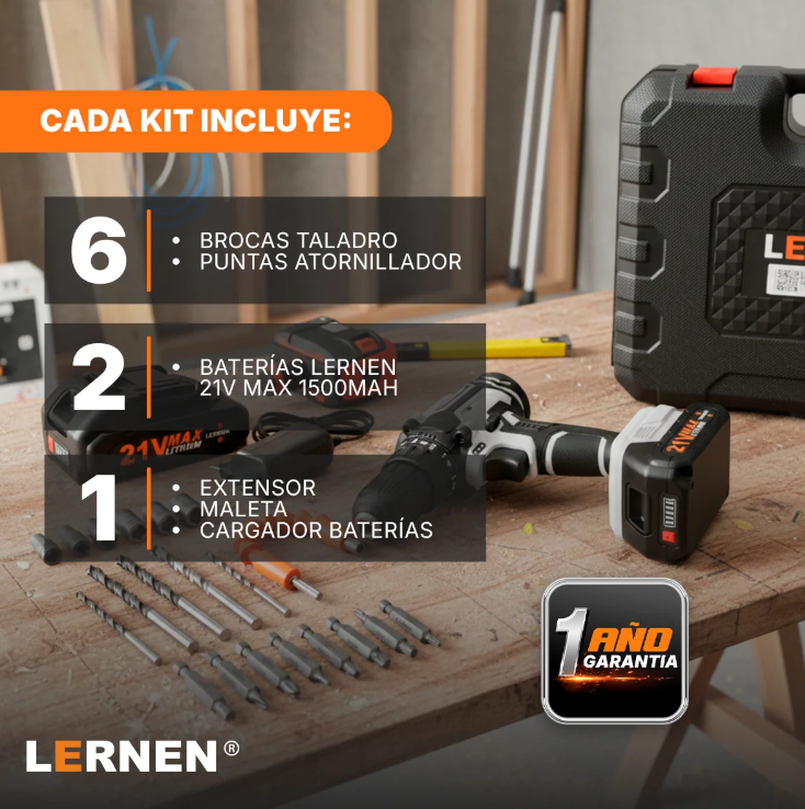 Kit Taladro Destornillador Inalámbrico LERNEN 21V + 2 Baterías + Accesorios-2