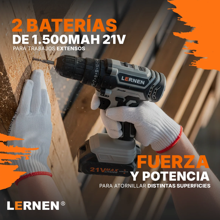 Kit Taladro Destornillador Inalámbrico LERNEN 21V + 2 Baterías + Accesorios-3