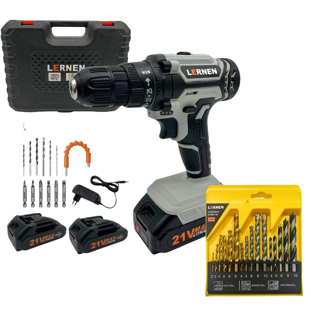 Pack Taladro Destornillador Inalámbrico 21v Con 2 Baterías  + Set Brocas-0