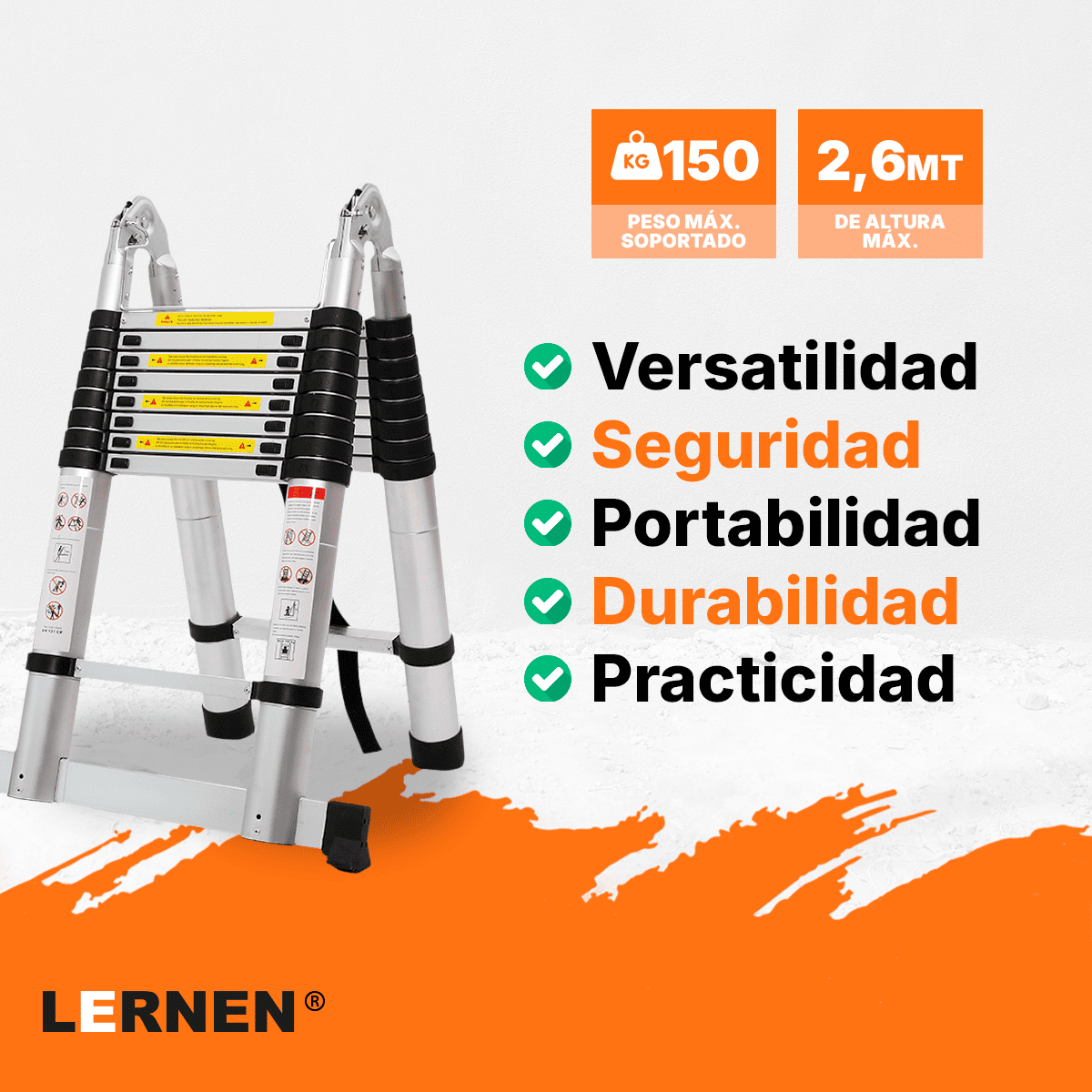 Escalera Telescópica Plegable 2.6 Metros Lernen Color Gris-1