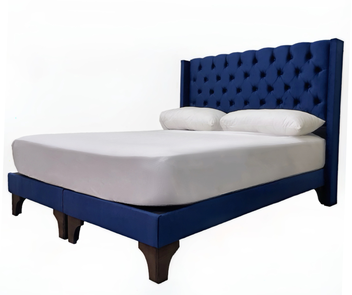 CAMA 2 PLAZAS EUROPEA AZUL OSCURO INCLUYE RESPALDO MÁS BASES DIVIDIDAS-1