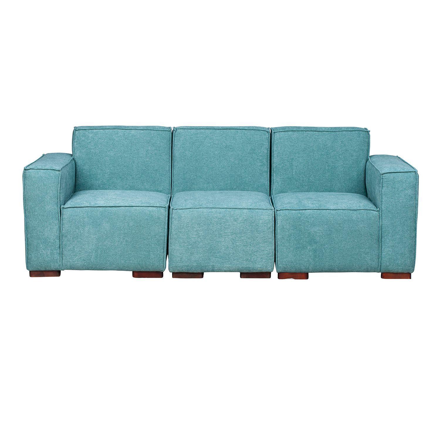 Sofá Modular Fortaleza 3 cuerpos y 2 Poufs - Tela Lino Finesse Verde Agua-2