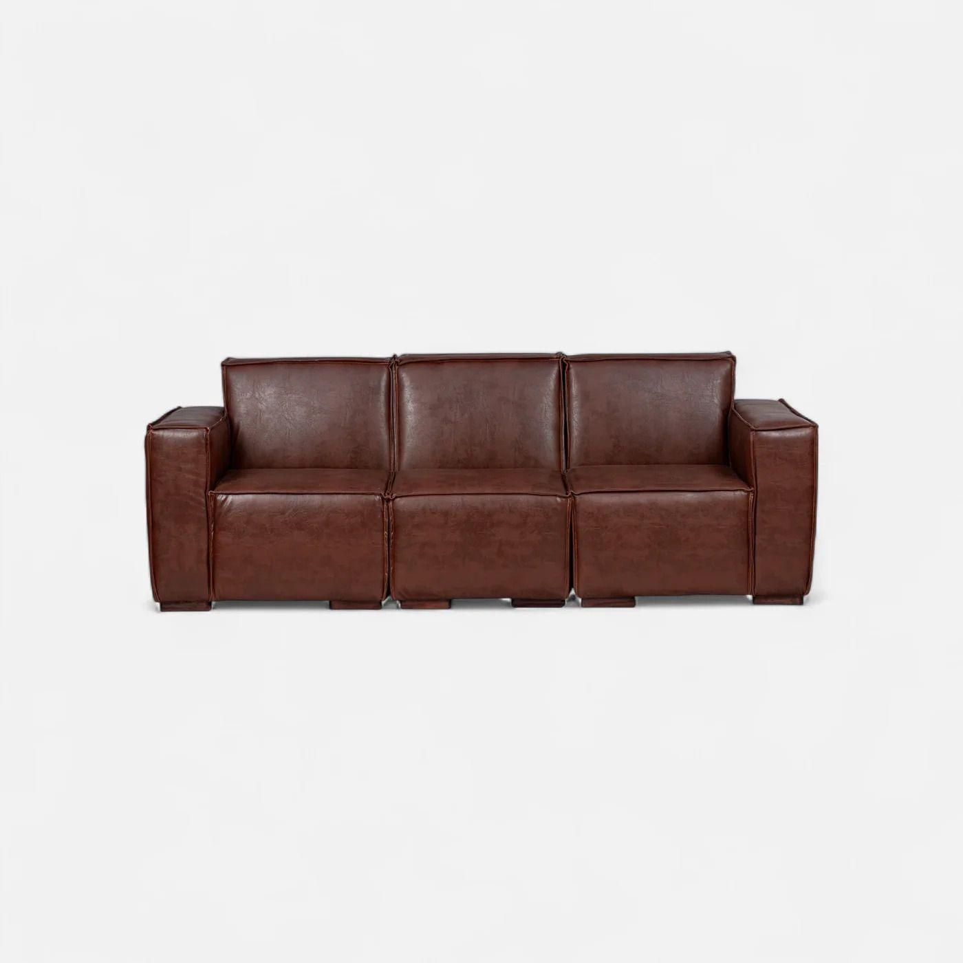 Sofá Modular Fortaleza 3 Cuerpos y 2 Poufs Cuero Reconstituido Caramelo-2
