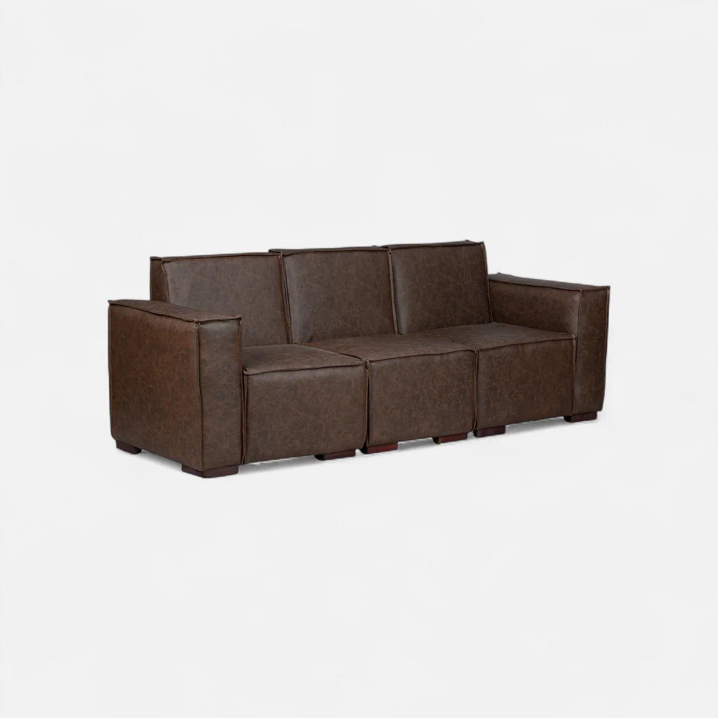 Sofá Modular Fortaleza 3 Cuerpos y 2 Poufs Cuero Reconstituido Café-2