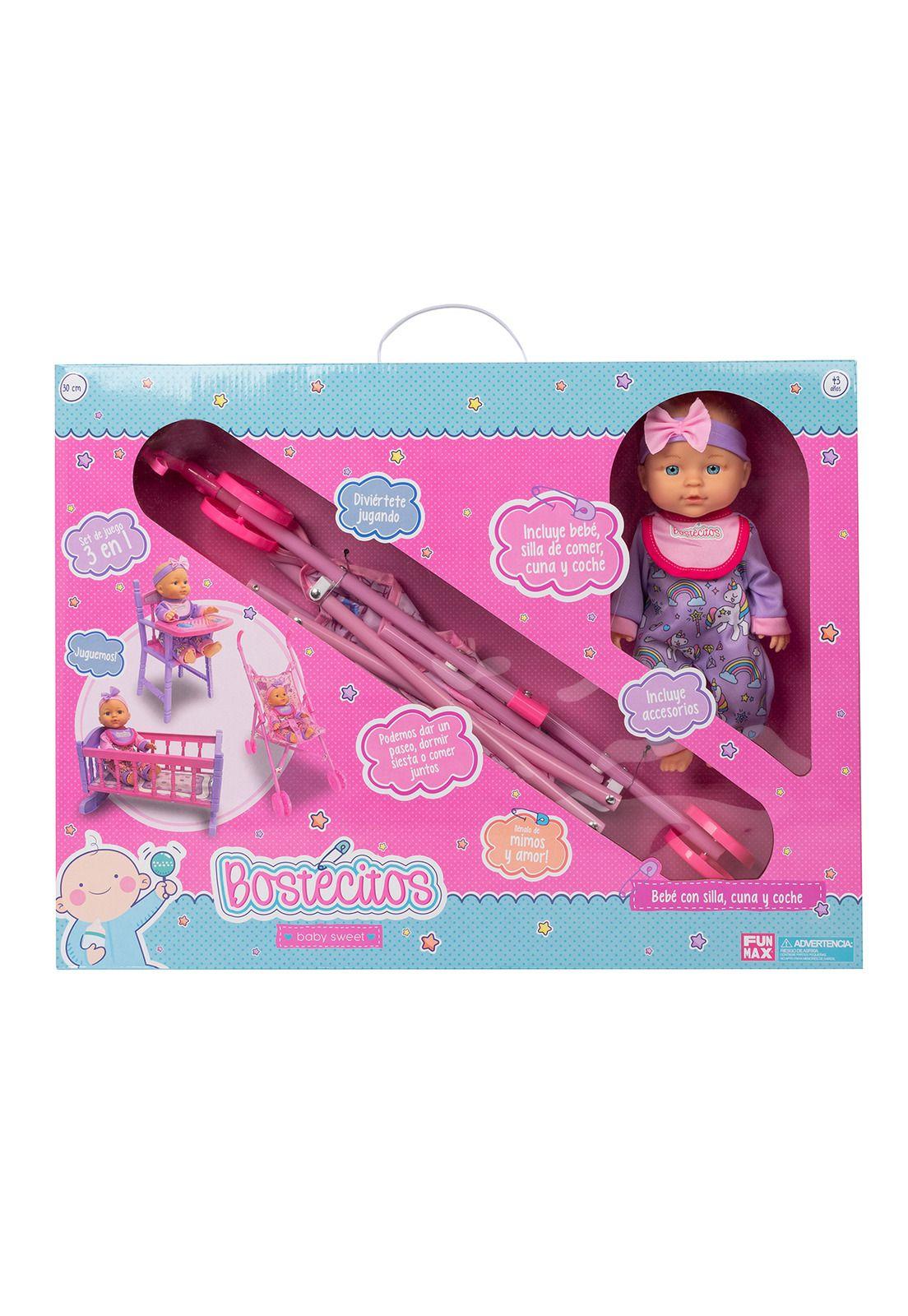 Muñeca Bebe De Juguete Bostecitos Con Silla Cuna Y Coche-0