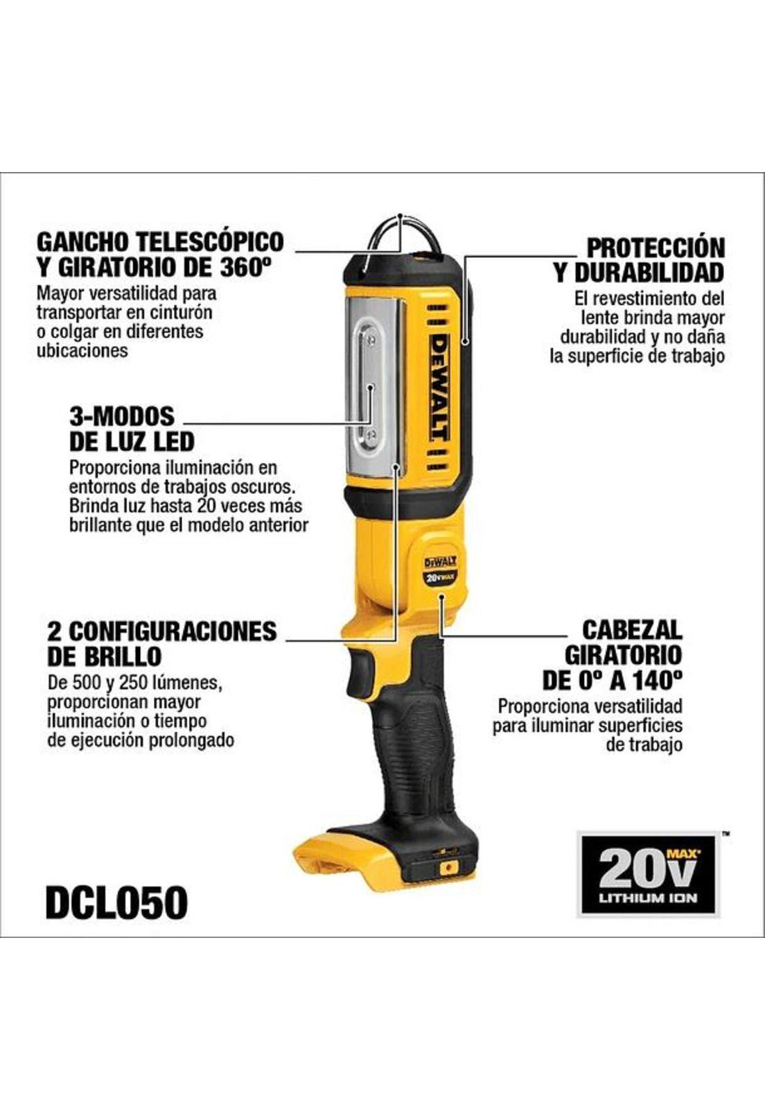 LINTERNA LED 20V DEWALT 250-500 LUM S/B-C DCL050-2