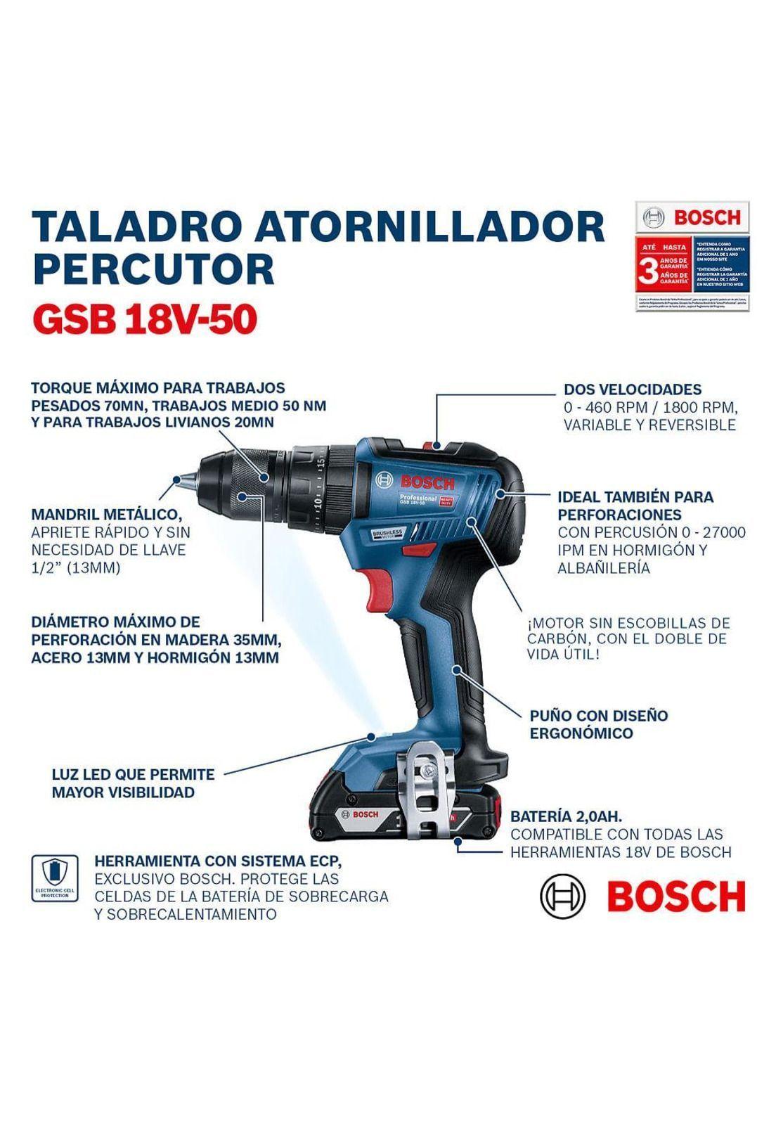 TALADRO PERCUTOR  ATORNILLADOR BOSCH 18V-50 +BAT +CARG-7