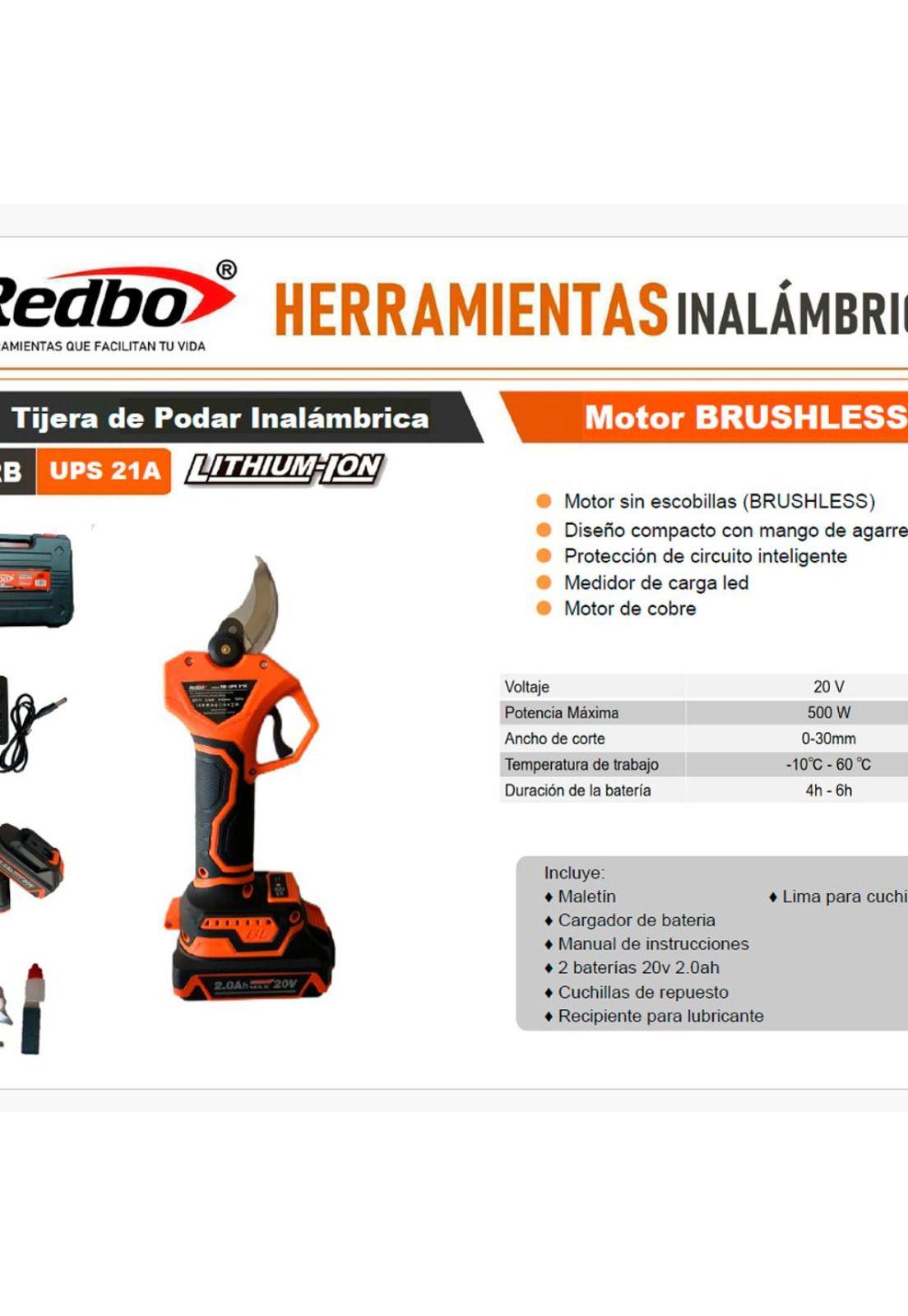 TIJERA PODAR REDBO INALAMBRICA 20V 2 BAT 2AH TPI00-4
