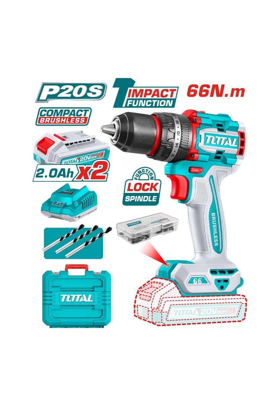 TALADRO PERCUTOR TOTAL 13MM 20V+2B 2A+C+MAL TIDLI20668-7-1