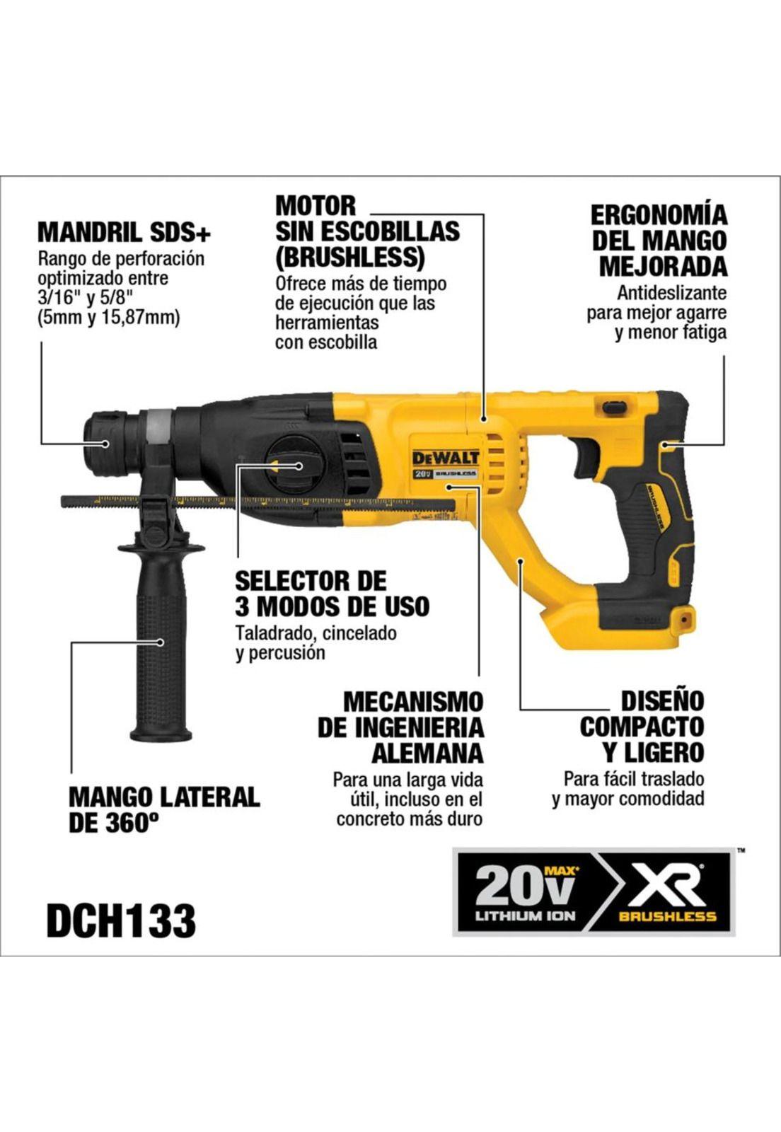 Rotomartillo Sds 20v S/carbones S/batería Dewalt Dch133b-b3-2