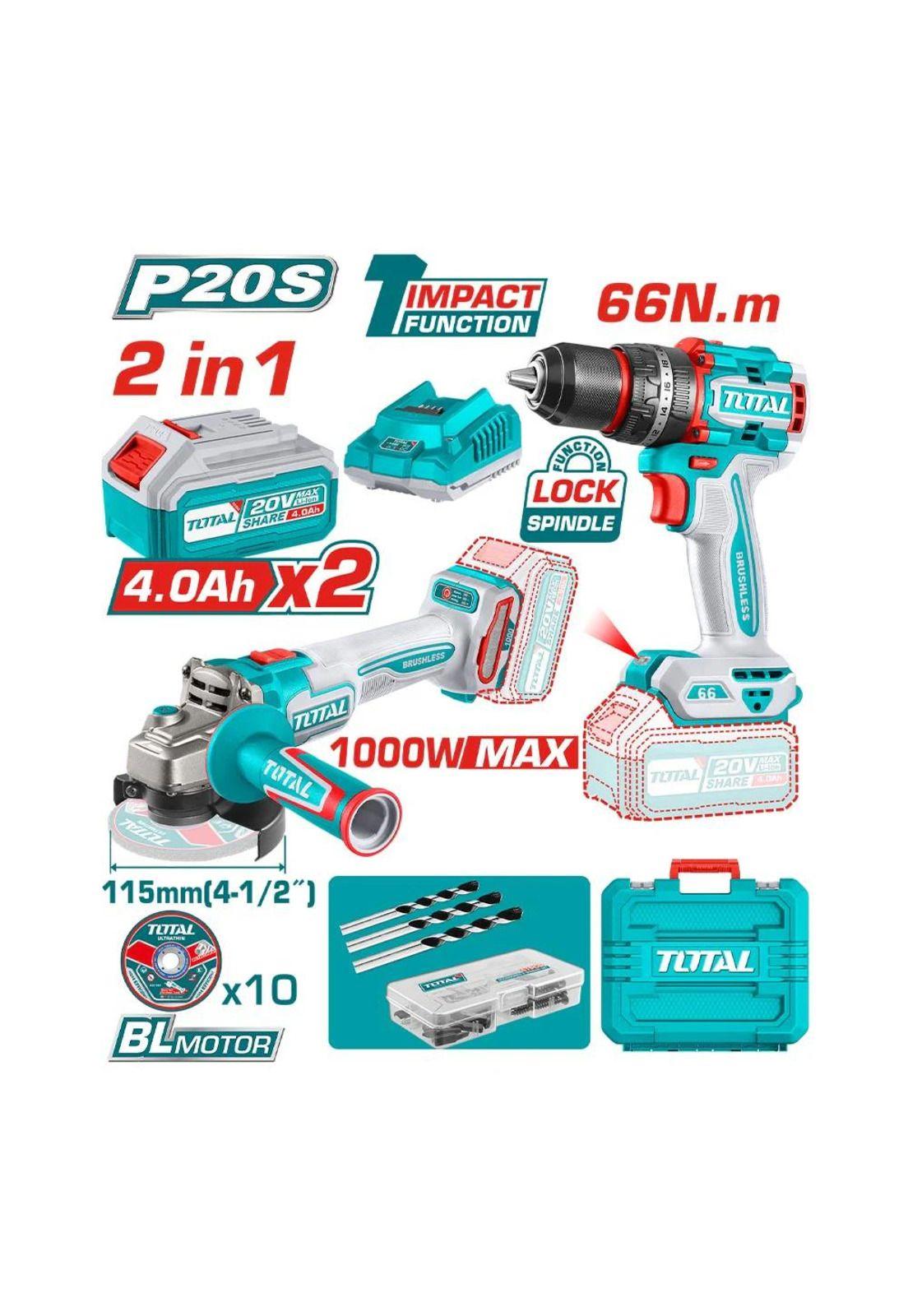 COMBO TOTAL 20V TAL PER + ESM 4 1/2"+ 2 BAT+CARG,TCKLI20273-1