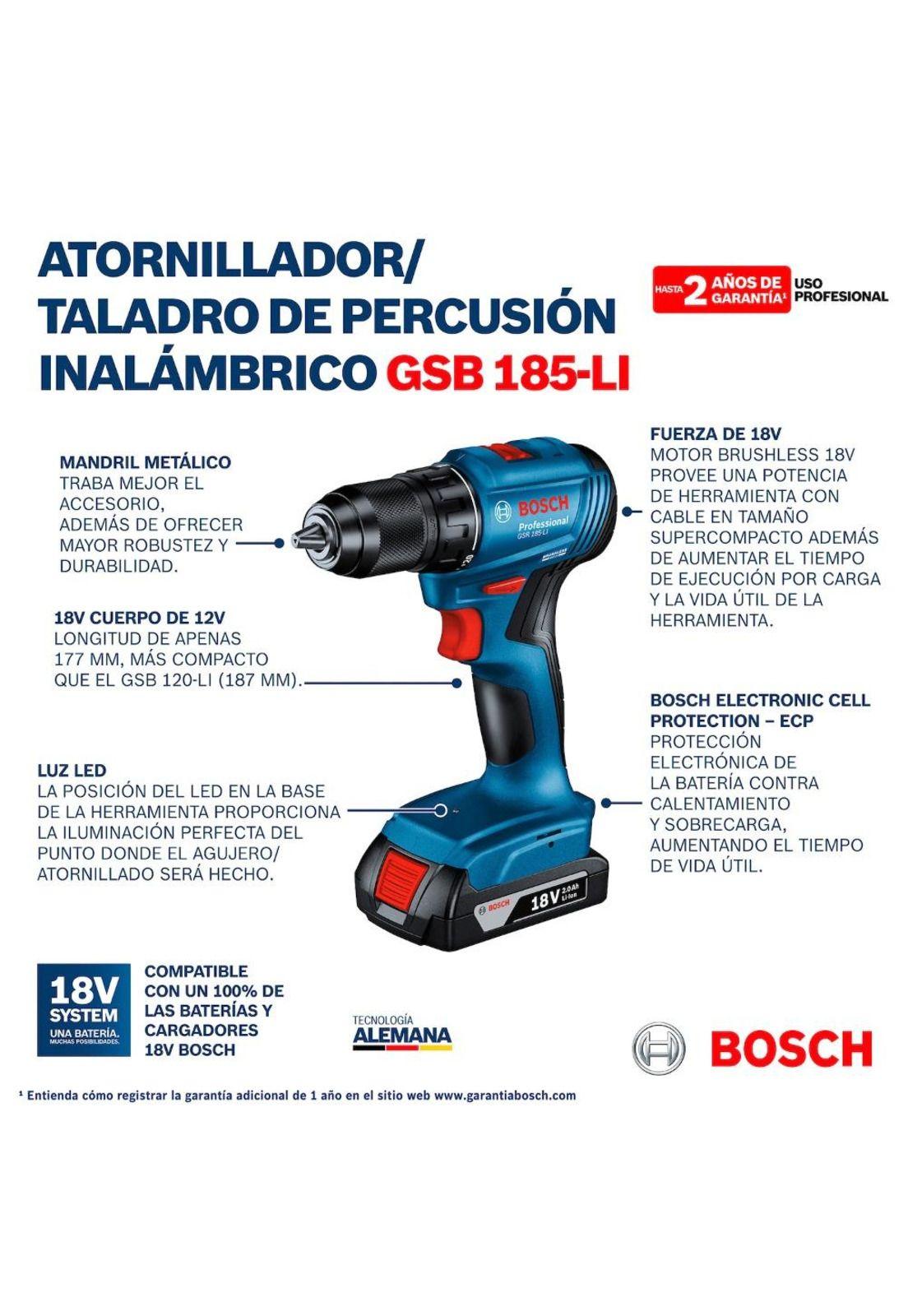 PACK BOSCH 18V TALA PER GSB 185 + ESMERIL 5” GWS | 2 BAT 4.0AH +CAR+BOLSO-6