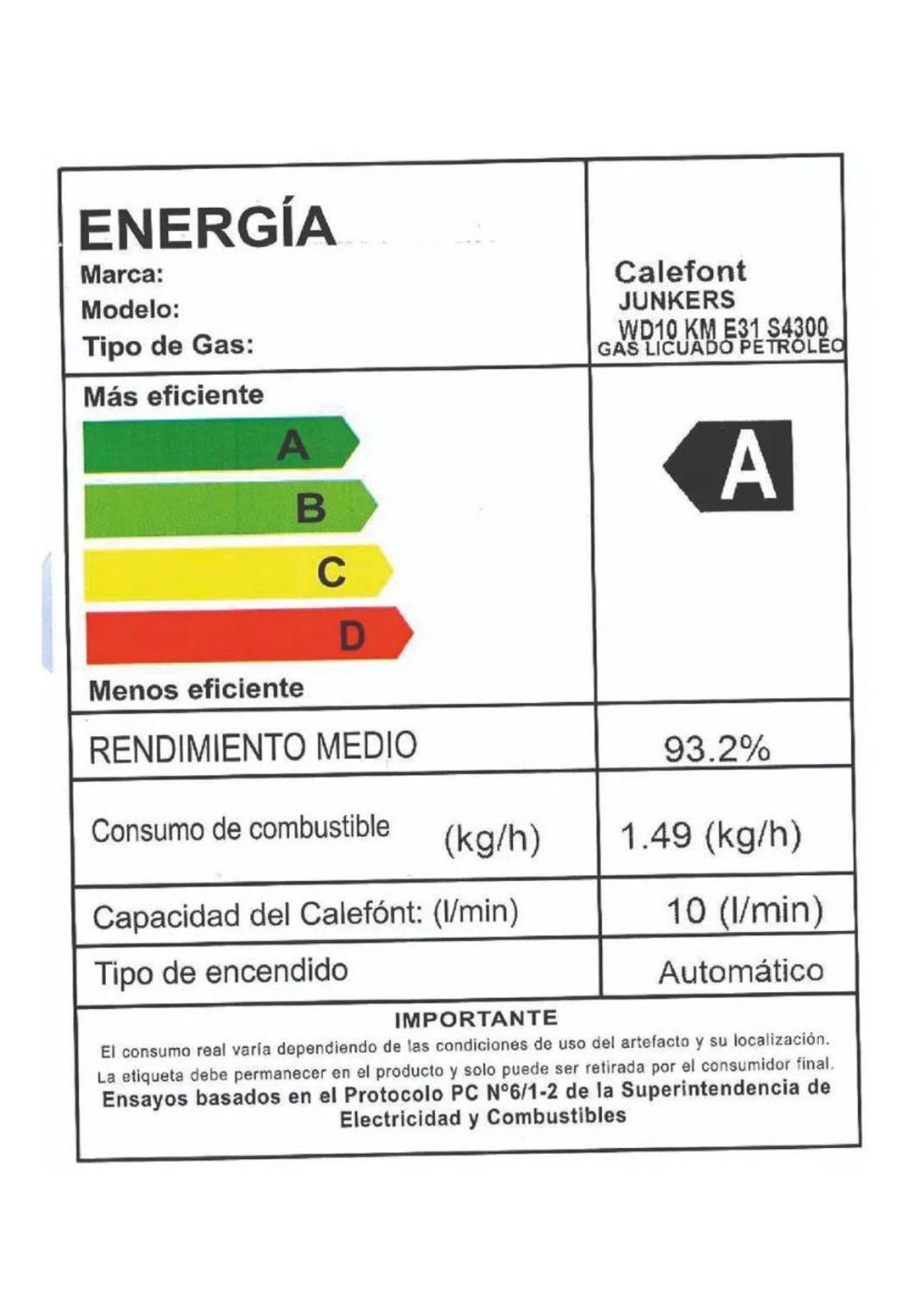 CALEFON JUNKERS GAS LICUADO 10 L. IONIZ HYDROBASE 1500 06601-2