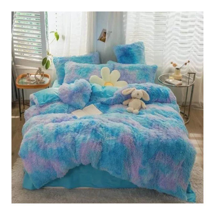 Cobertor Cubrecama Grueso Peludo Con Chiporro Plaza y Media Celeste-0