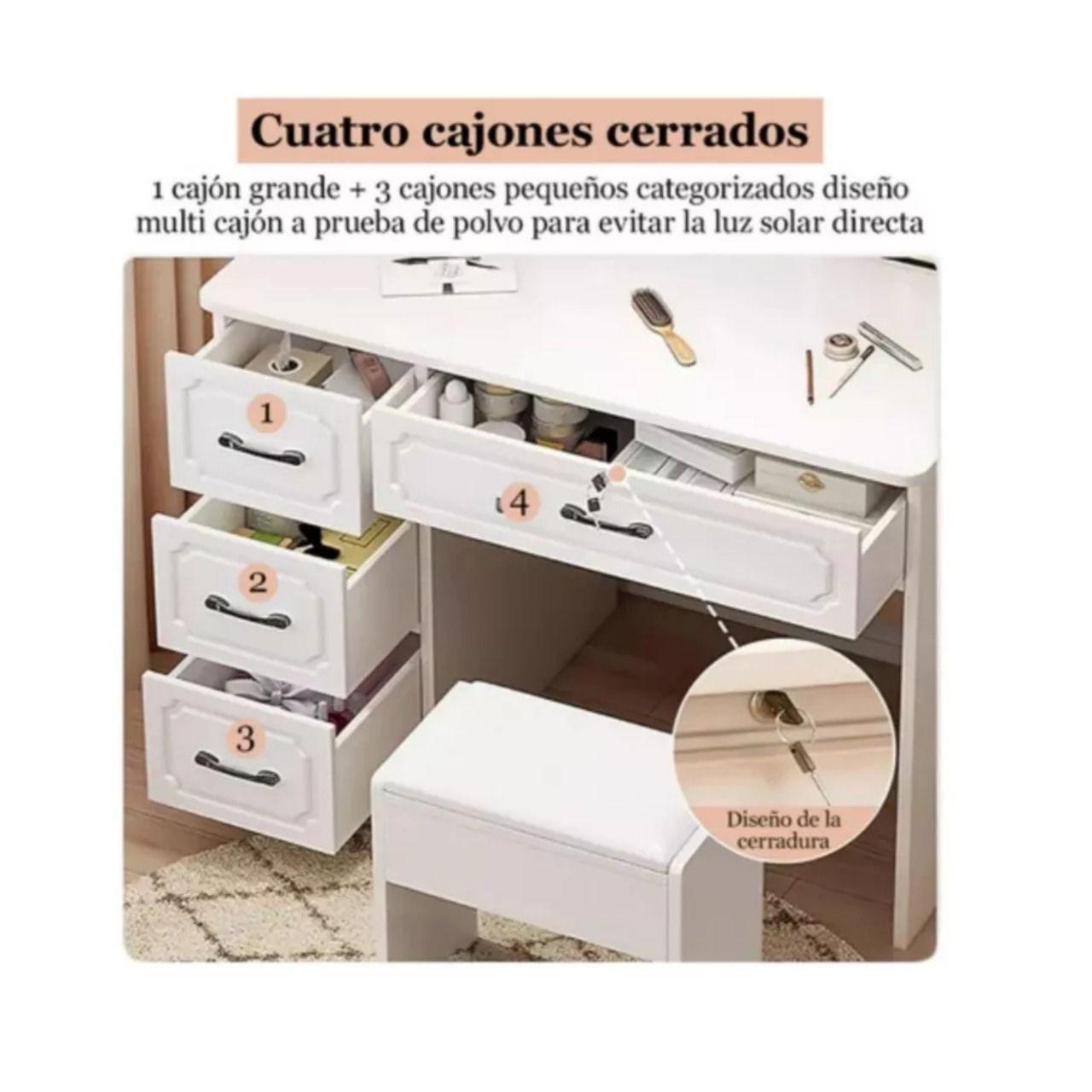 Mesa Tocador De Madera Con Espejo Led y Banco 137x80x40cm-2