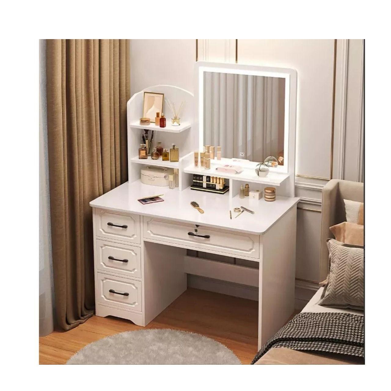 Mesa Tocador De Madera Con Espejo Led y Banco 137x80x40cm-5