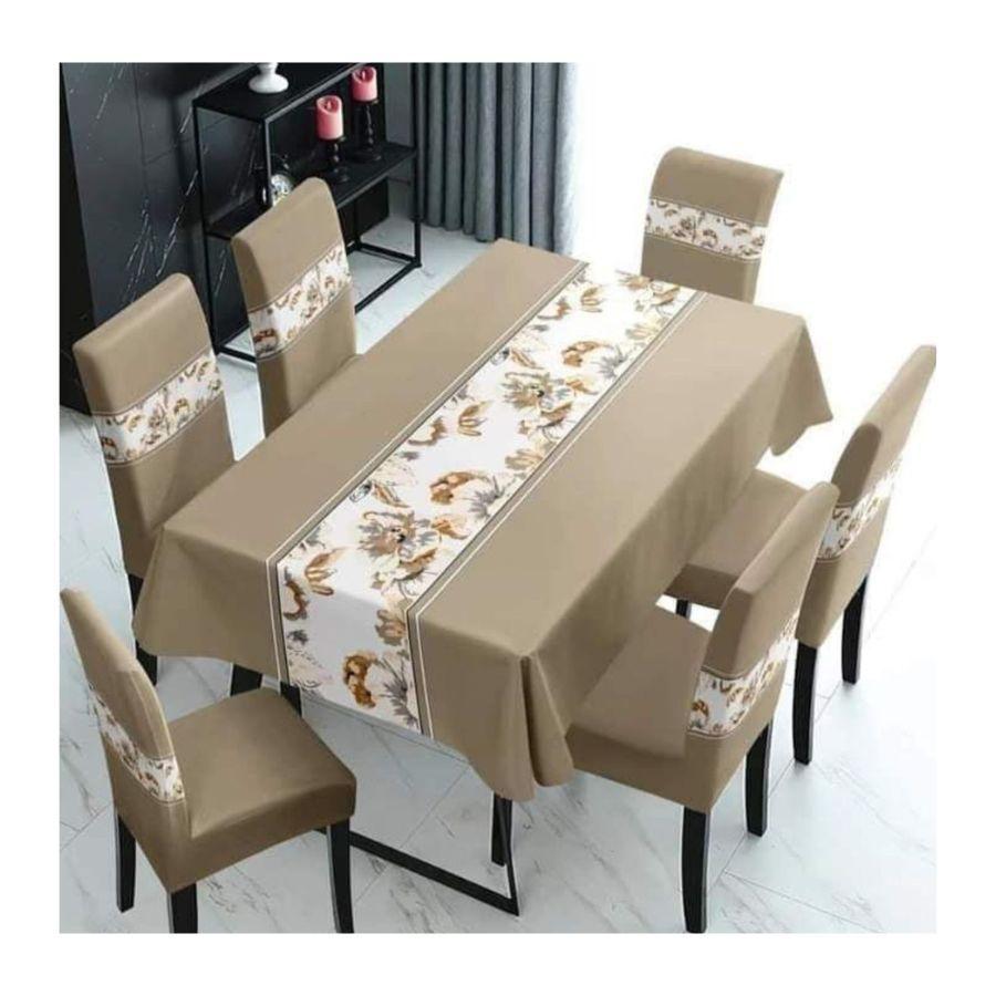 Set de 7 Piezas Mantel y Fundas para Sillas Beige-0
