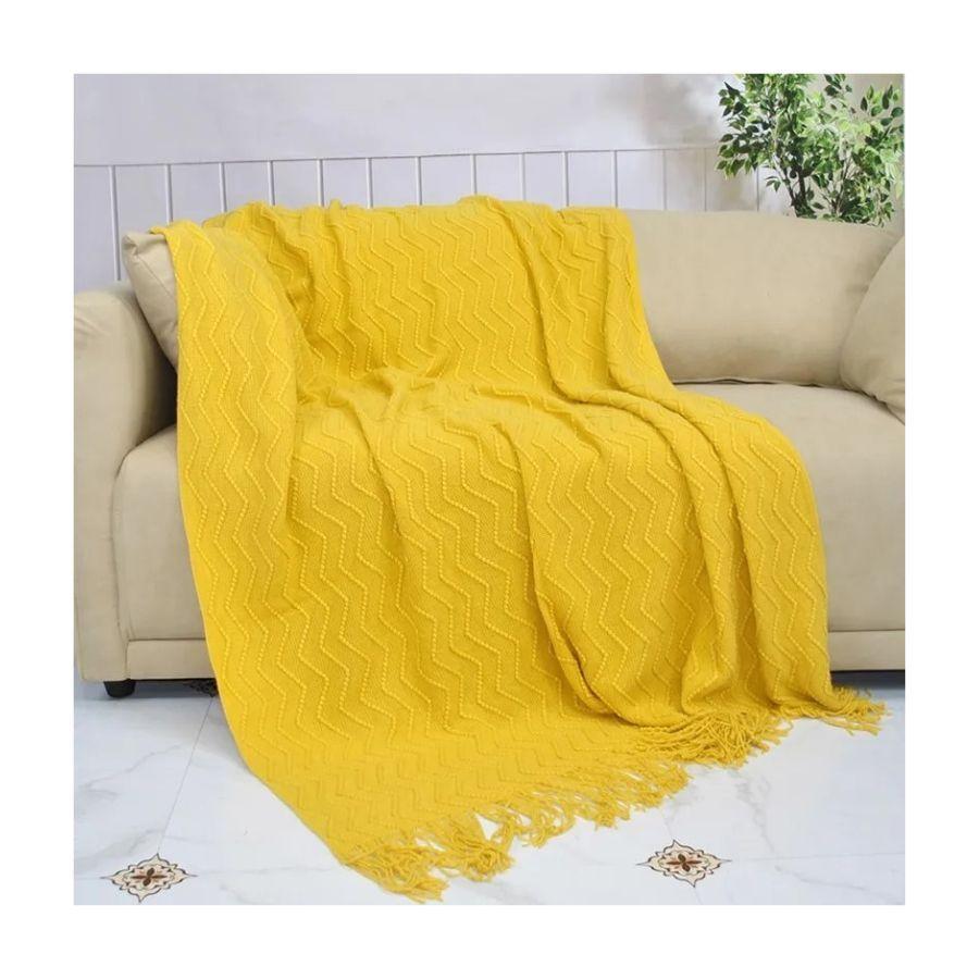 Manta Suave Invierno Sofá Dormitorio Diseño Ondas Decorativa Mostaza-1