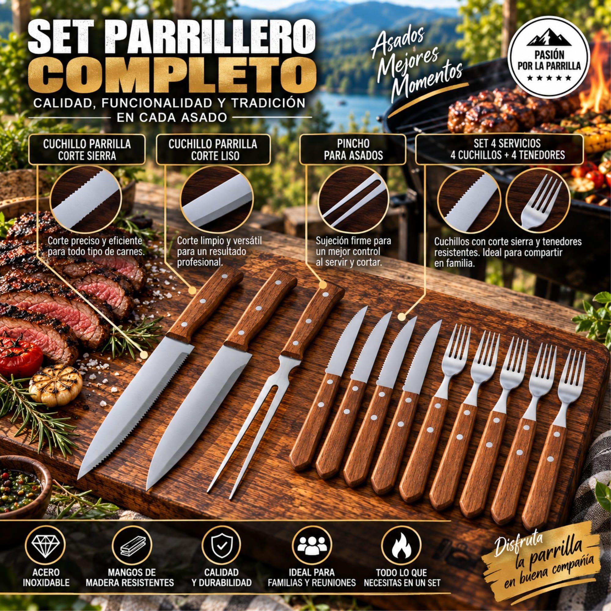Set Parrillero 11 Piezas Arthome Acero Inoxidable con Cuchillos y Tenedores-7