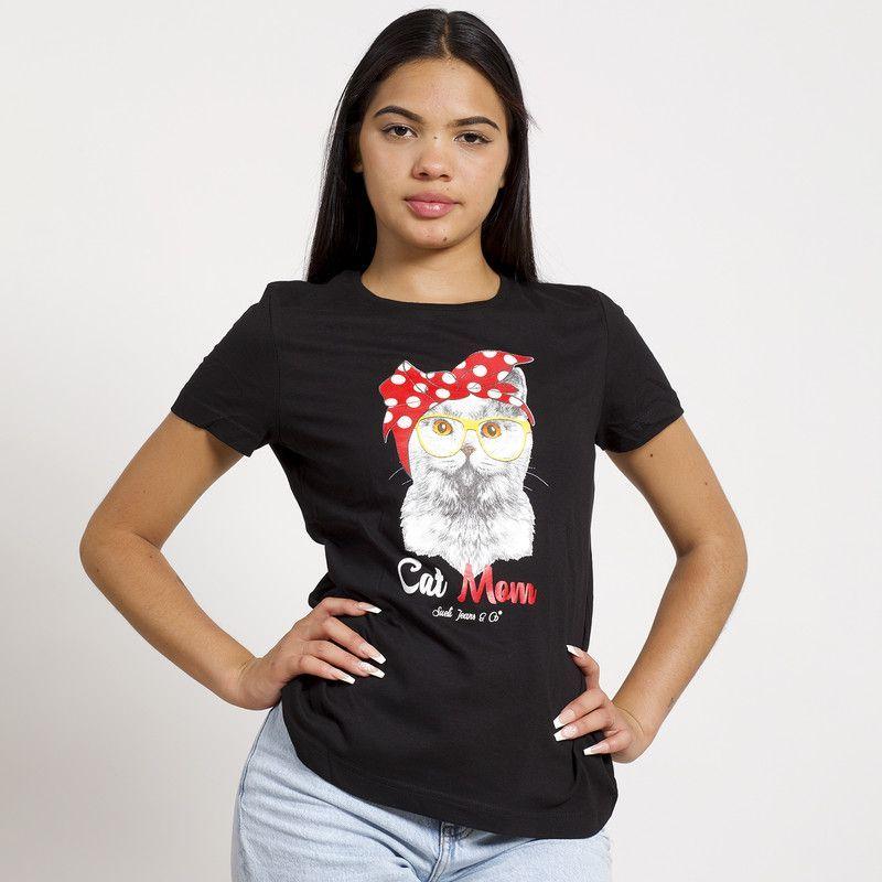 POLERA MANGA CORTA NEGRA ESTAMPADO GATITA-0