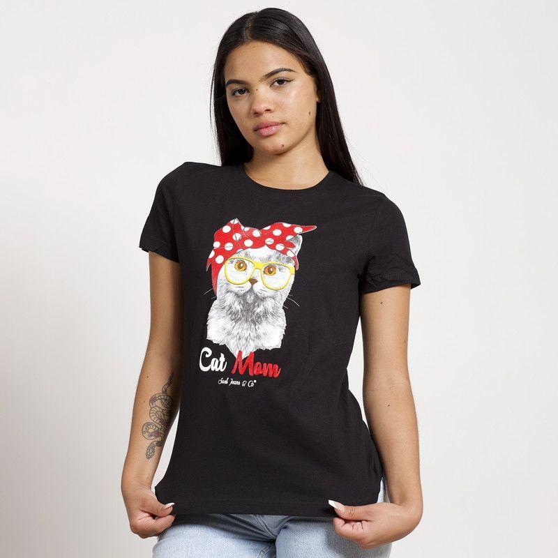 POLERA MANGA CORTA NEGRA ESTAMPADO GATITA-1